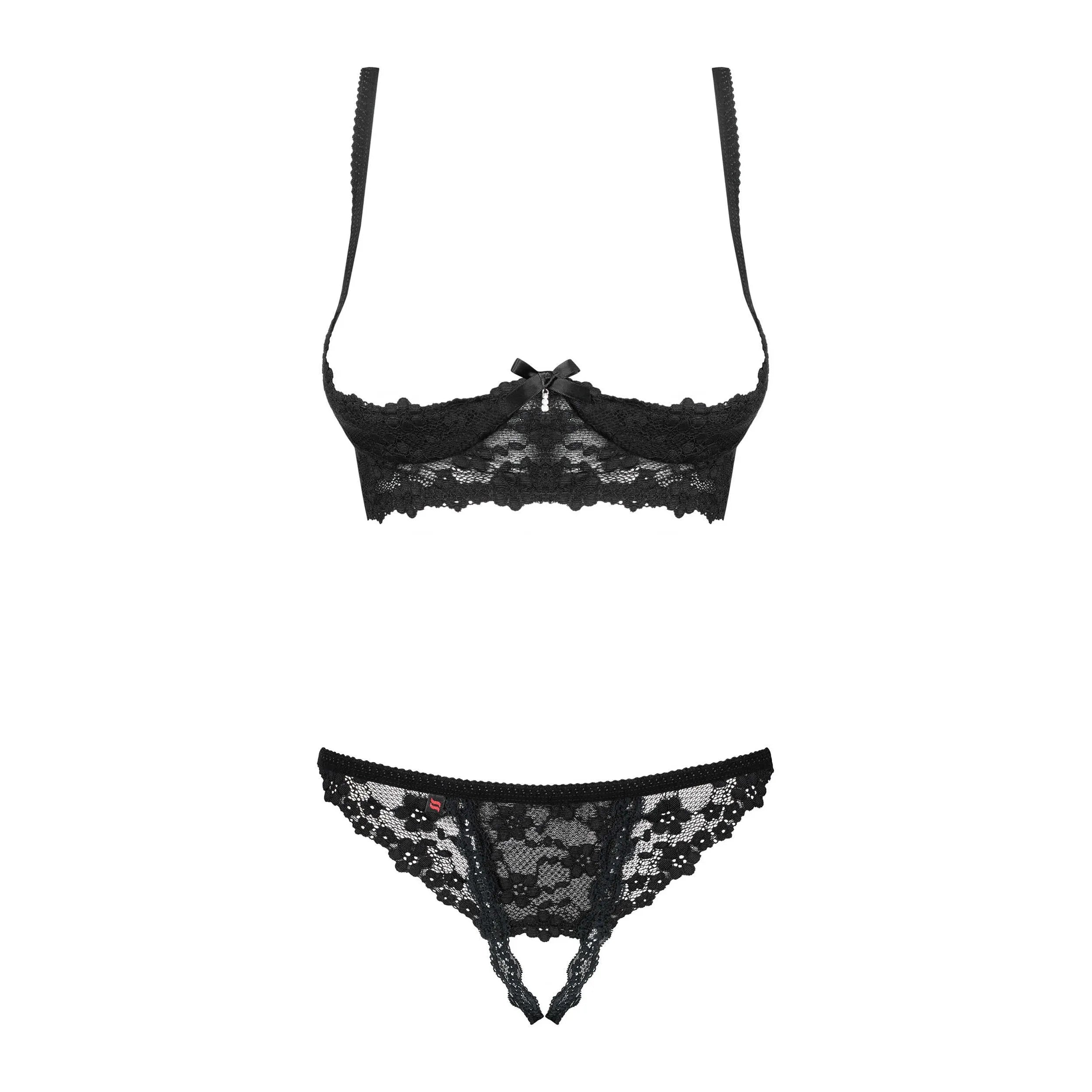 Ensemble lingerie dentelle noire ouvert soutien-gorge sans bonnet string ajustable
