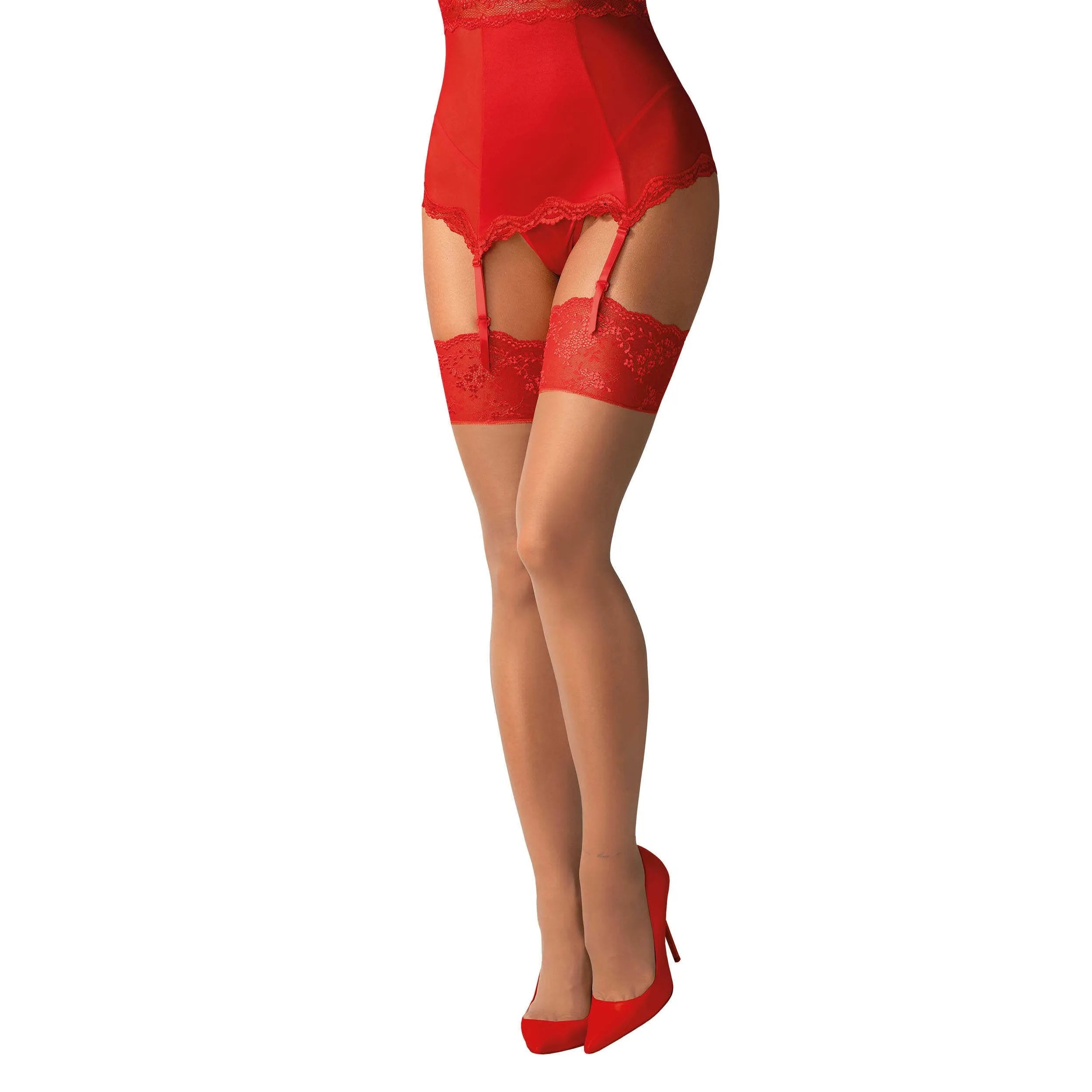Bas sexy rouges dentelle jarretières chair polyamide élasthanne Lovica Obsessive