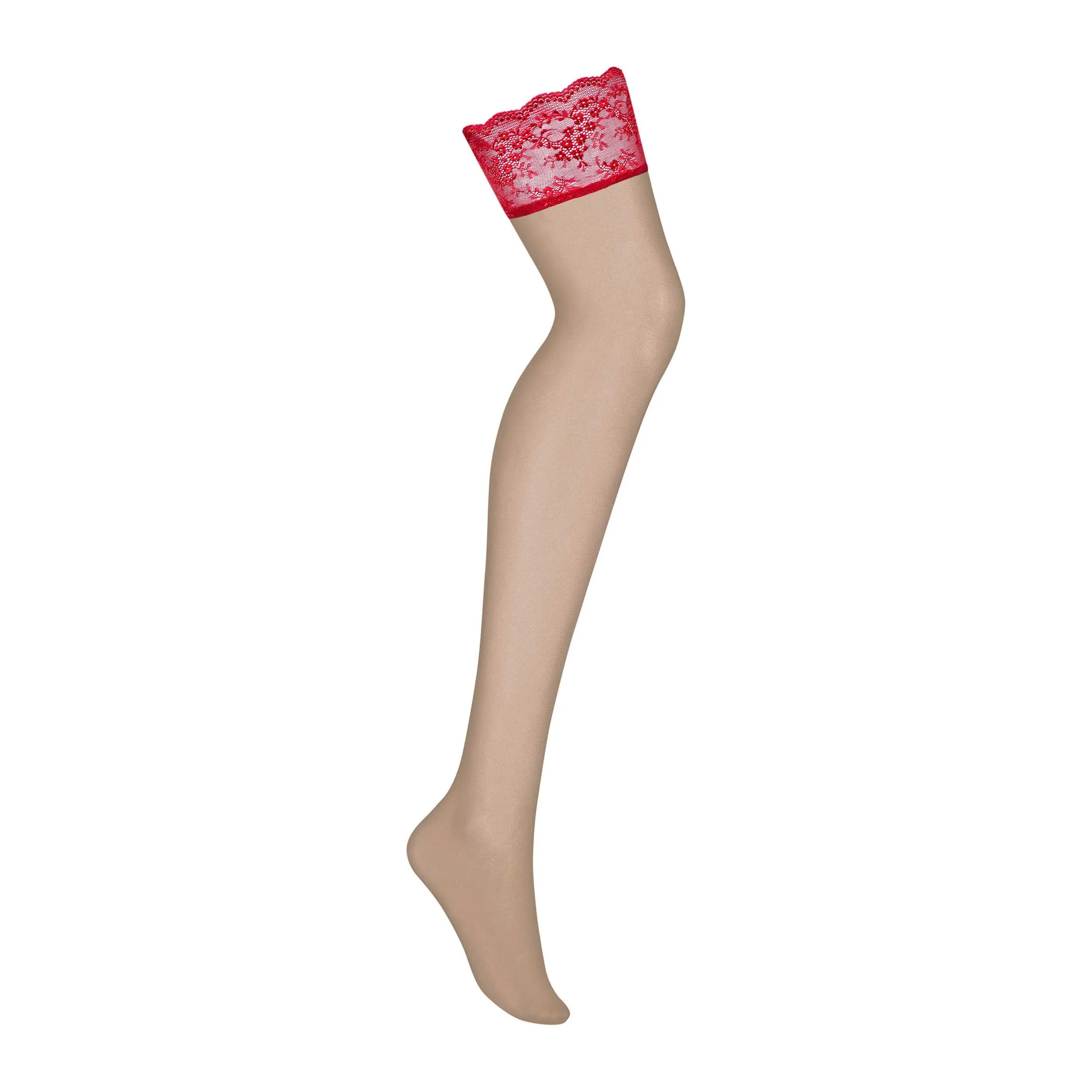 Bas sexy rouges en dentelle avec jarretières chair, élégants et séduisants, en polyamide élasthanne Lovica Obsessive.