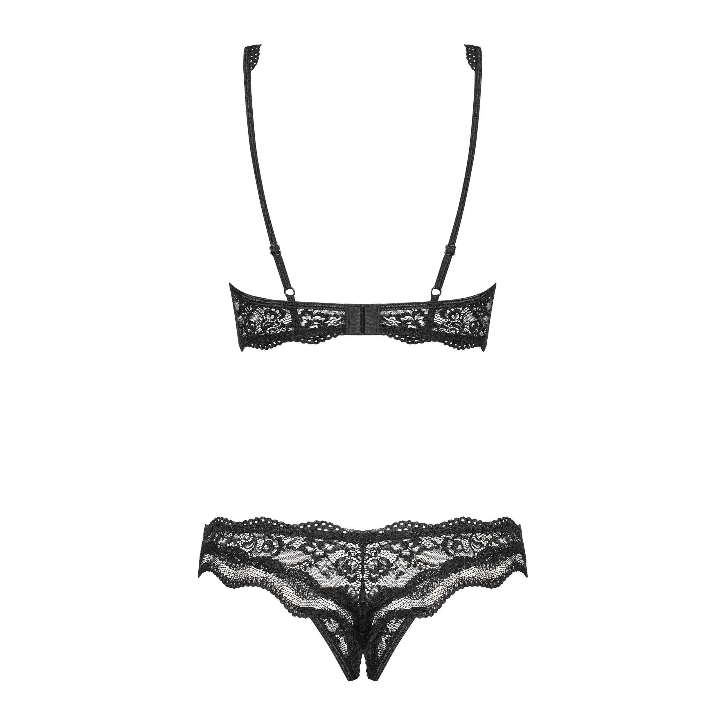 Luvae Ensemble lingerie noir soutien-gorge bustier string ouvert dentelle armatures