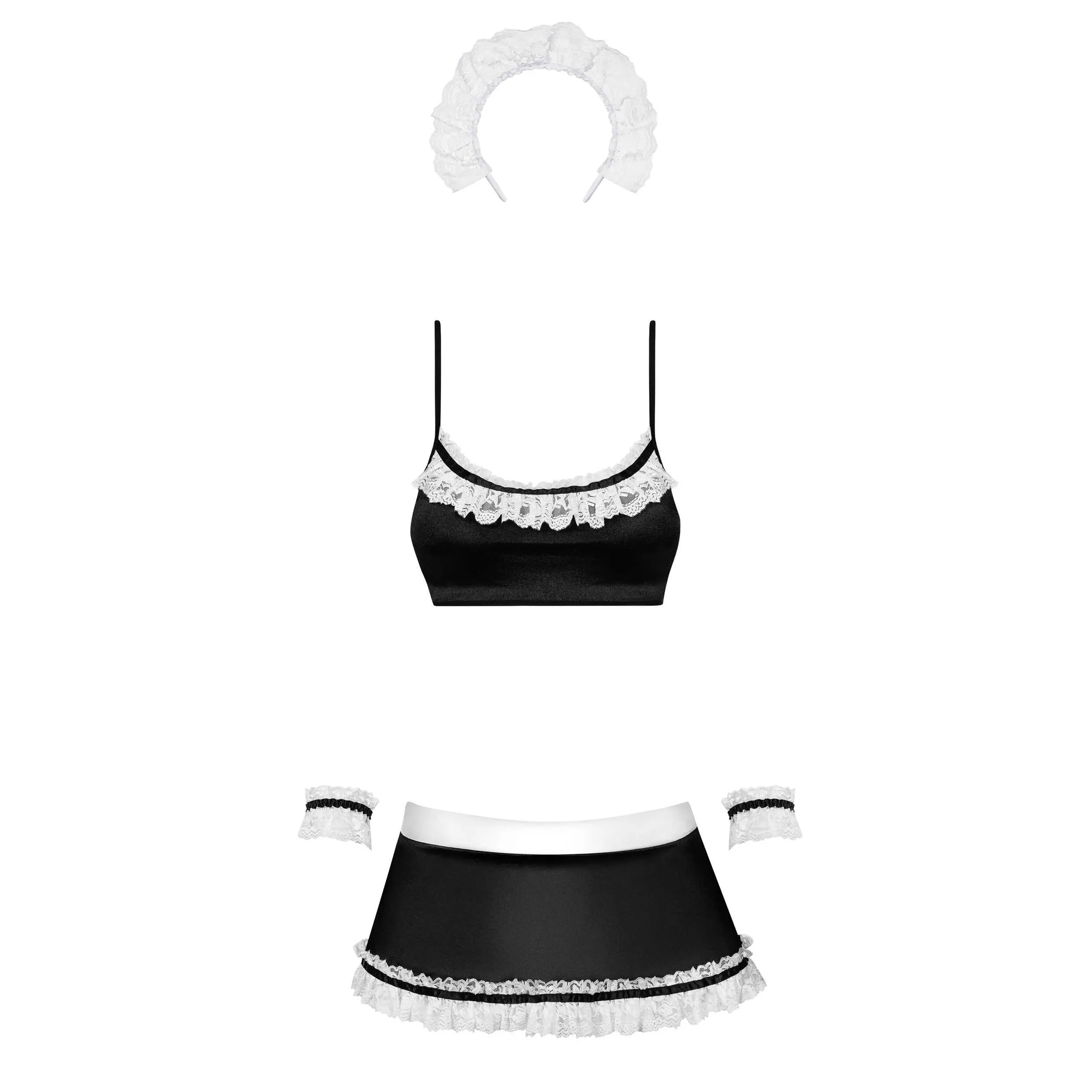Costume de soubrette femme dentelle noir brillant élégant lacé taille ajustable