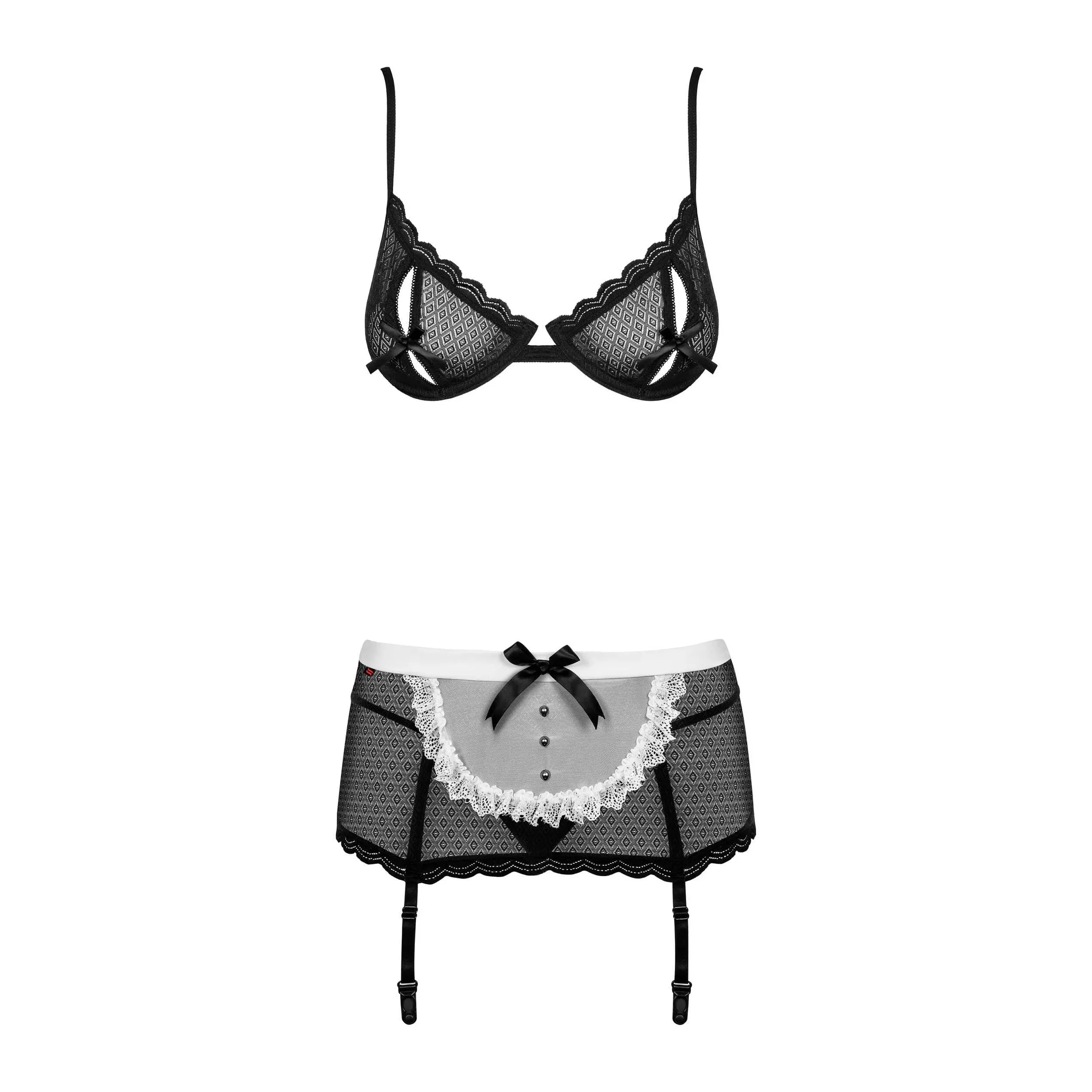 Déguisement sexy servante noir et blanc, soutien-gorge à armatures, nœud décoratif, détails en dentelle, 5 pièces.