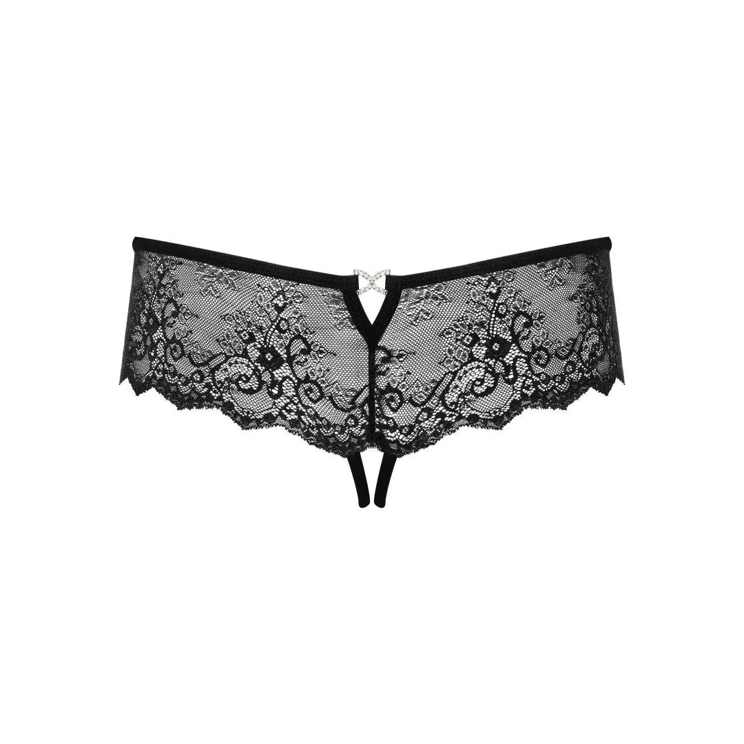 Tanga ouvert dentelle noire motif floral brillant fesses Merossa Obsessive