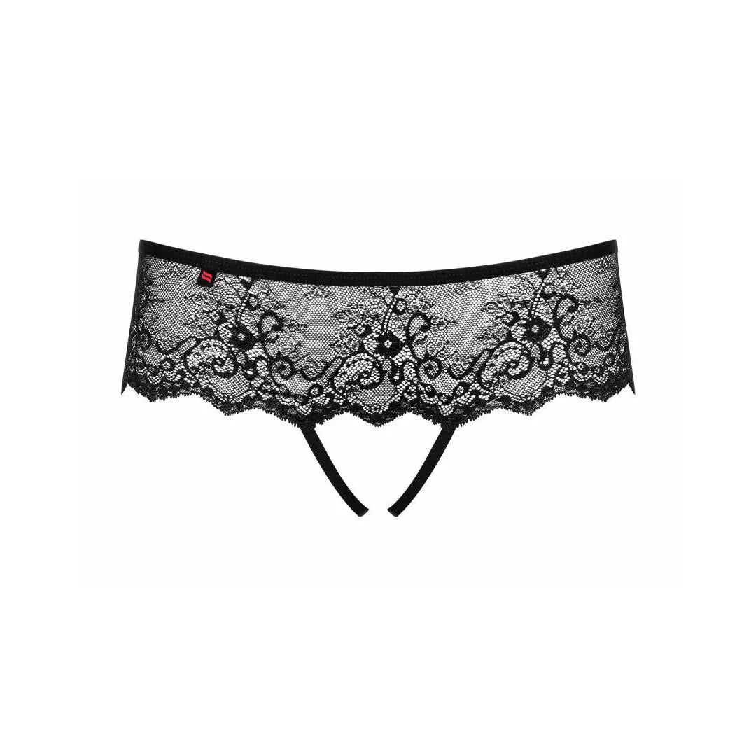 Tanga ouvert dentelle noire motif floral brillant fesses Merossa Obsessive