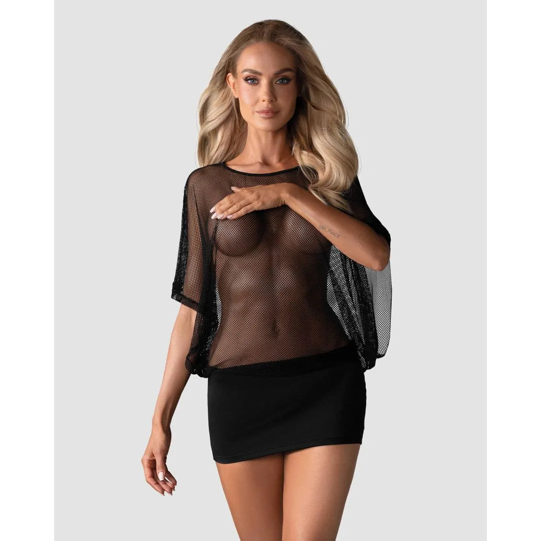 Mini-robe sexy transparente manches larges noir polyamide élasthanne string inclus