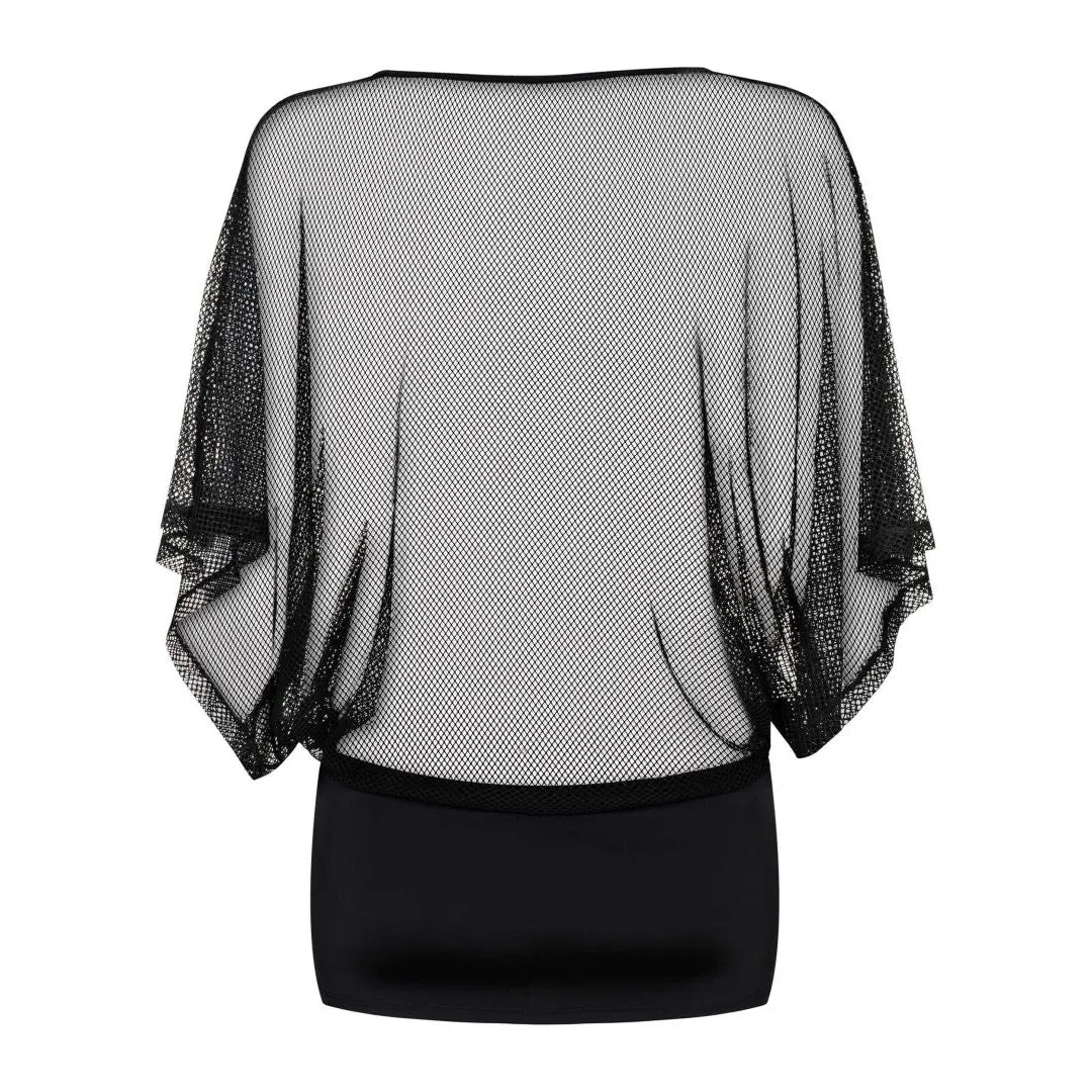 Mini-robe sexy transparente manches larges noir polyamide élasthanne string inclus