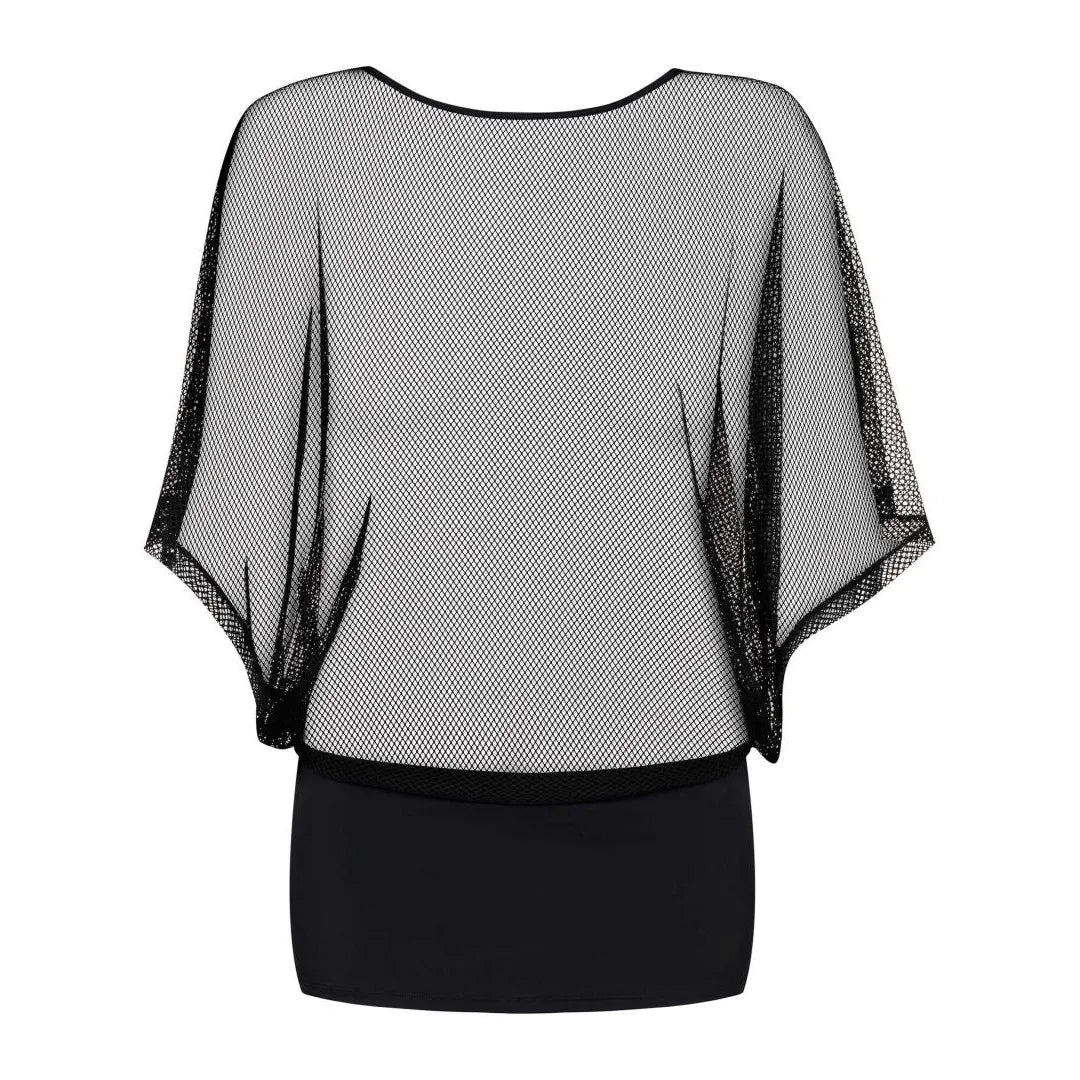 Mini-robe sexy transparente manches larges noir polyamide élasthanne string inclus
