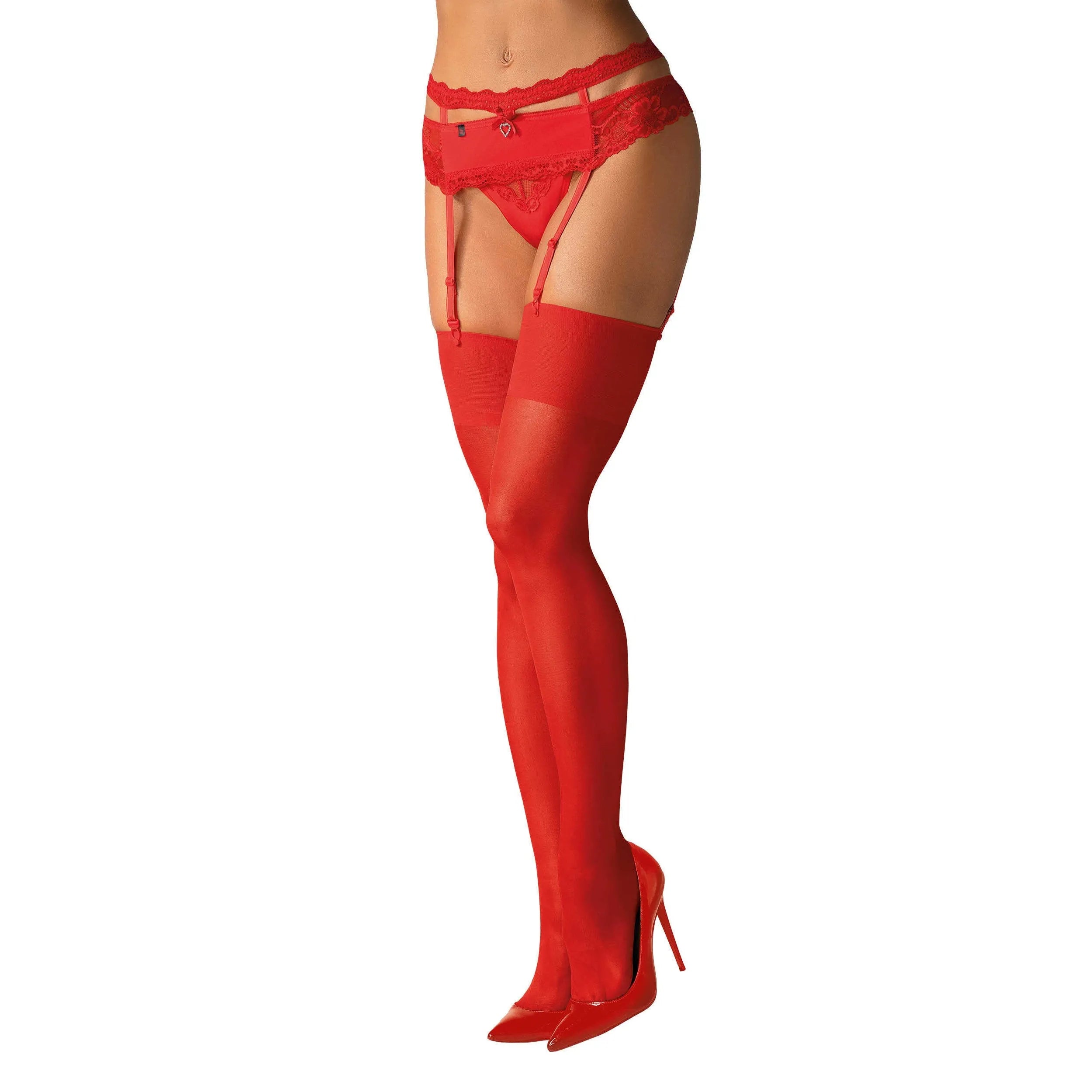 Bas sexy rouge élastique sans dentelle jarretière nylon élasthanne