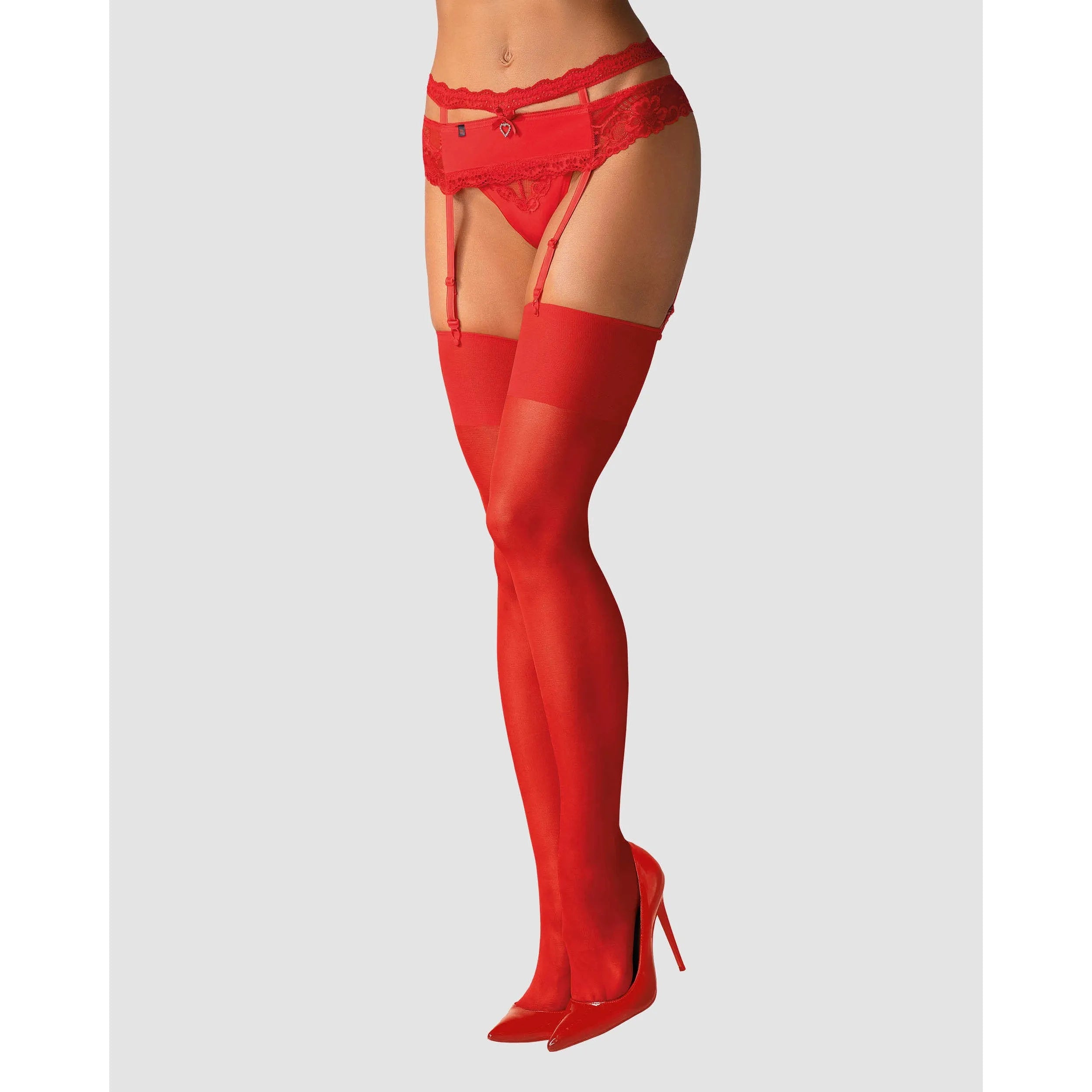 Bas rouges élastiques sans dentelle, jarretière en nylon et élasthanne, allure séduisante et confortable.
