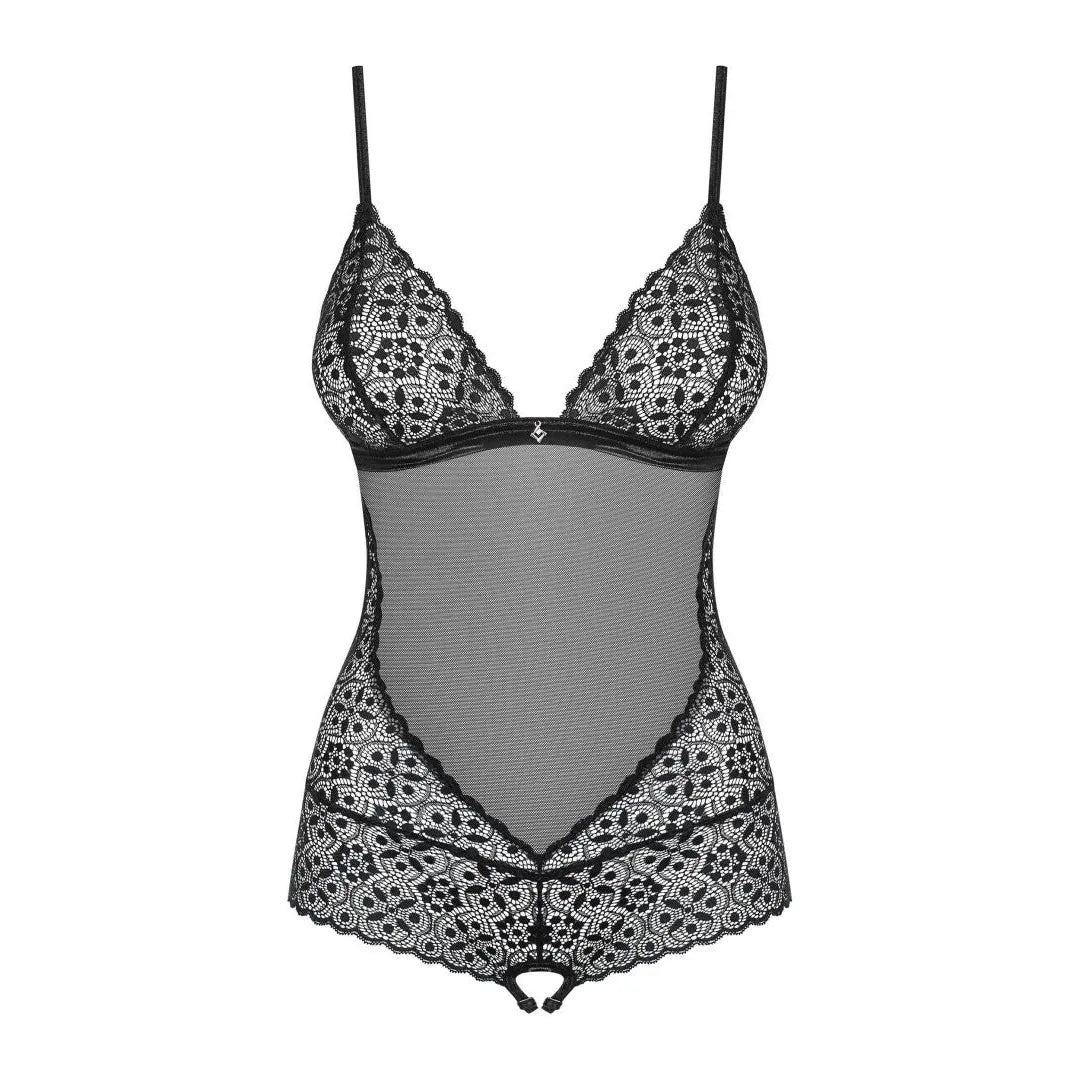 Body noir dentelle géométrique, maille transparente, bretelles réglables, design sexy et élégant pour silhouette sublimée.