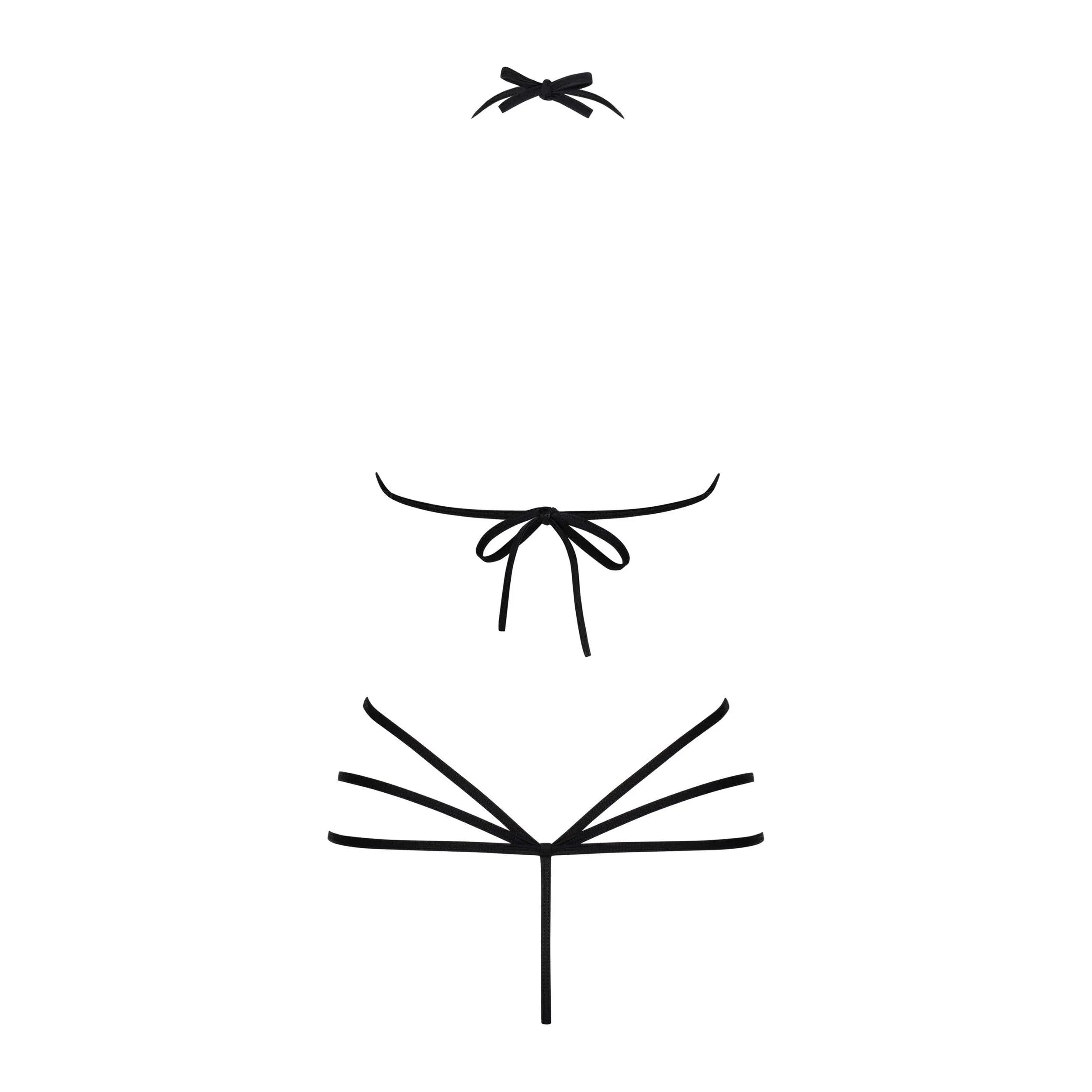 Body noir spider avec lanières élastiques, anneau métallique, ouvert entrejambe, design séduisant et élégant.