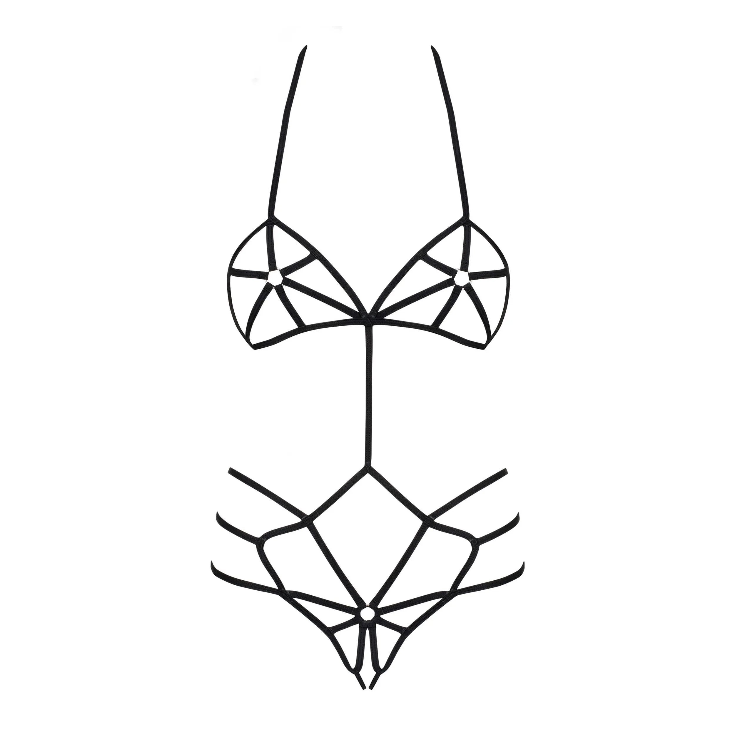 Body noir spider avec lanières élastiques, anneau métallique, ouvert entrejambe, design séduisant et élégant.