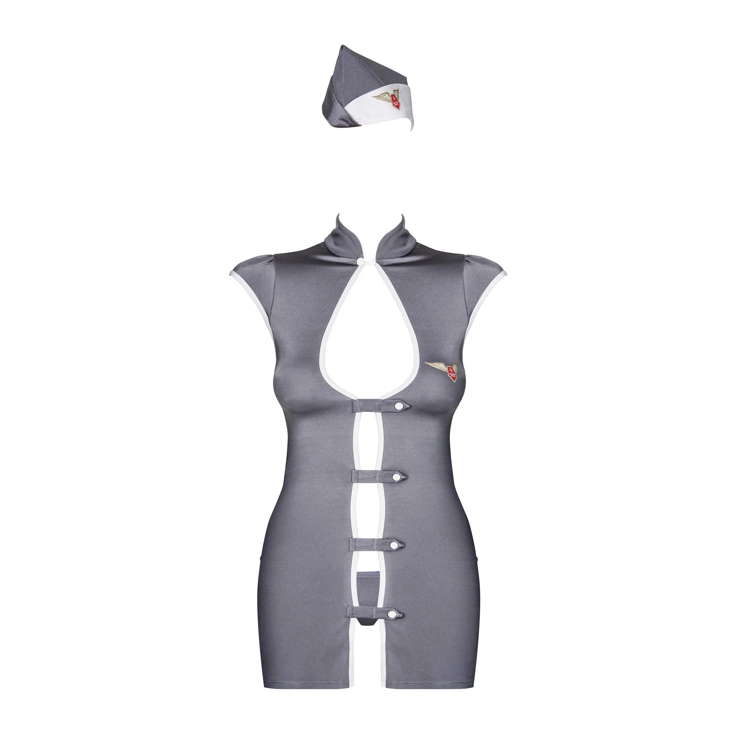 Uniforme sexy hôtesse de l'air robe grise élastique 3 pièces
