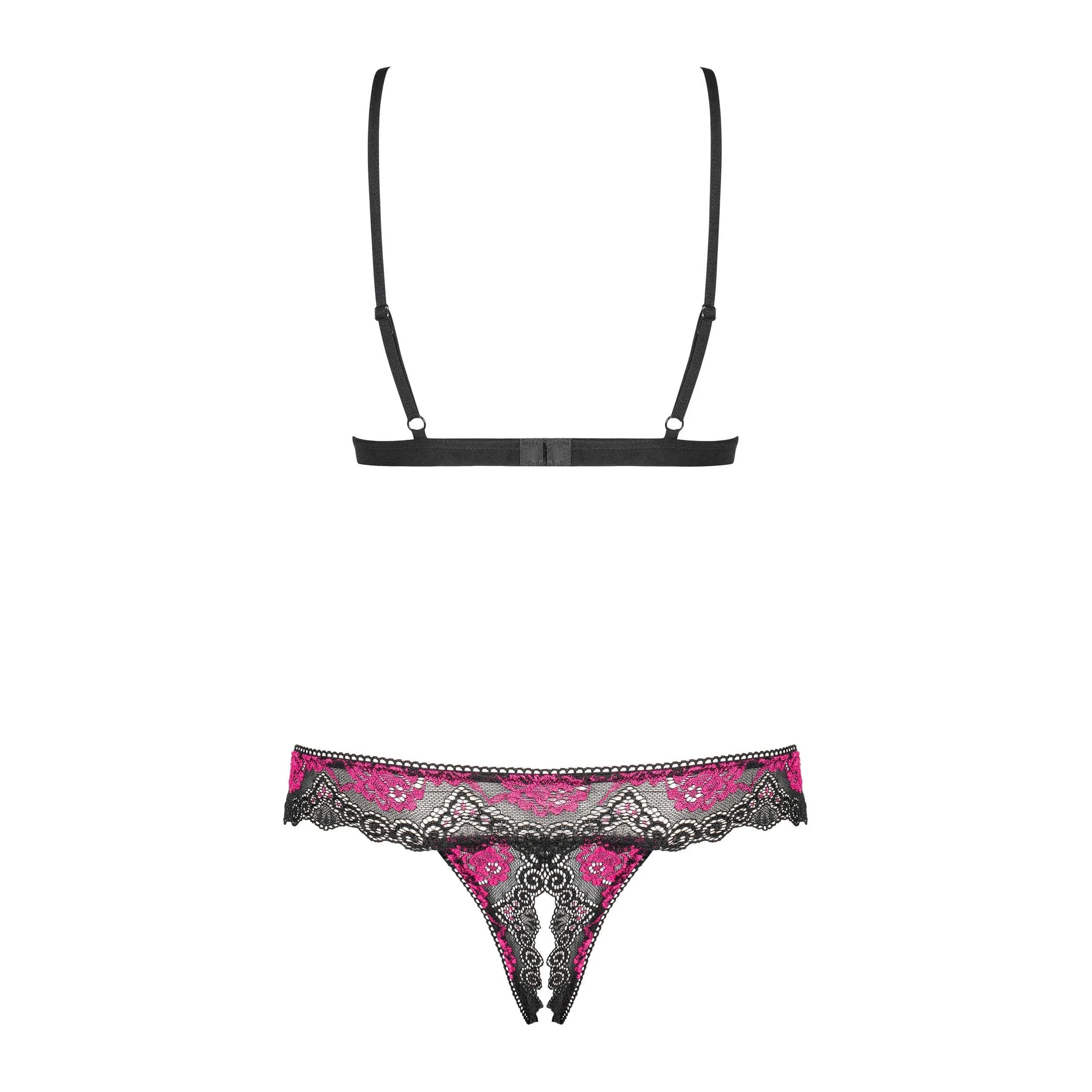 Ensemble lingerie dentelle noir fuchsia ouvert, sans bonnet, string sexy, design audacieux et détails raffinés.