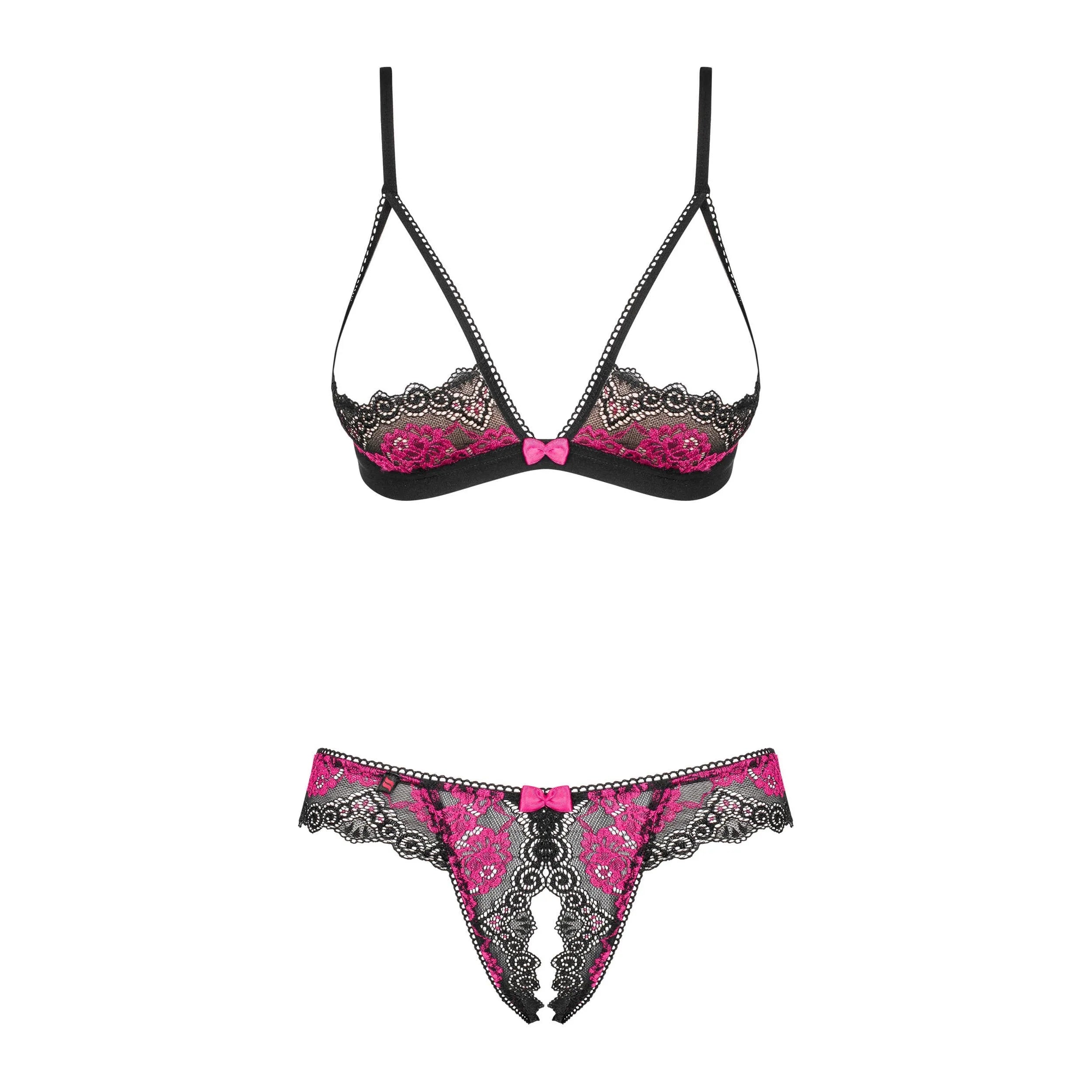 Ensemble lingerie dentelle noir fuchsia ouvert sans bonnet, string fantaisie, design audacieux et détails raffinés.