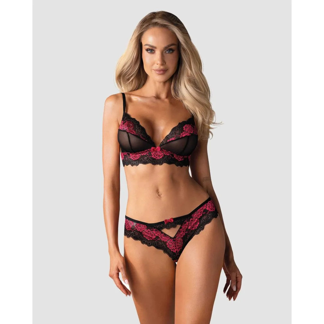 Ensemble lingerie sexy dentelle noire fuchsia bretelles réglables noeuds roses