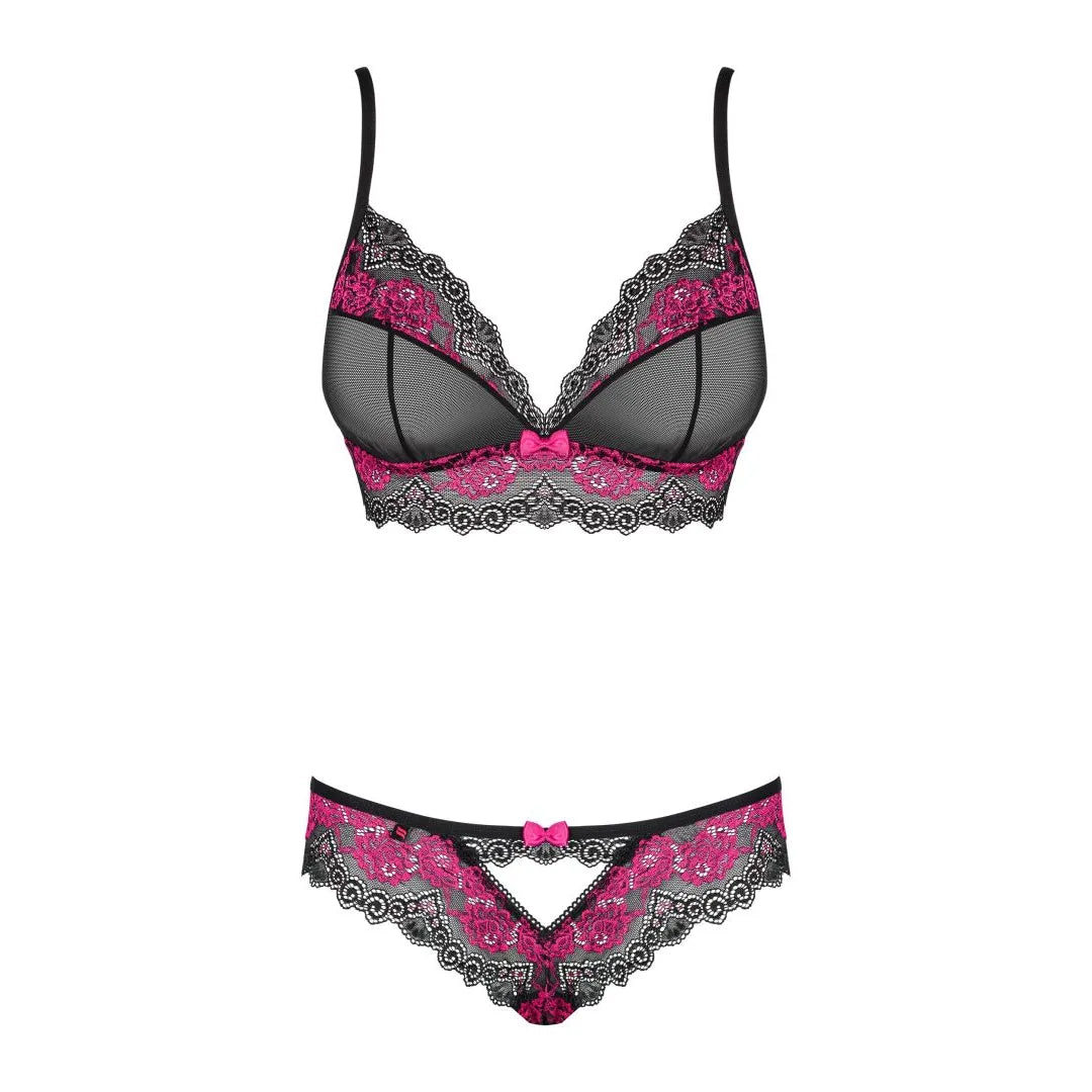 Ensemble lingerie sexy dentelle noire fuchsia bretelles réglables noeuds roses