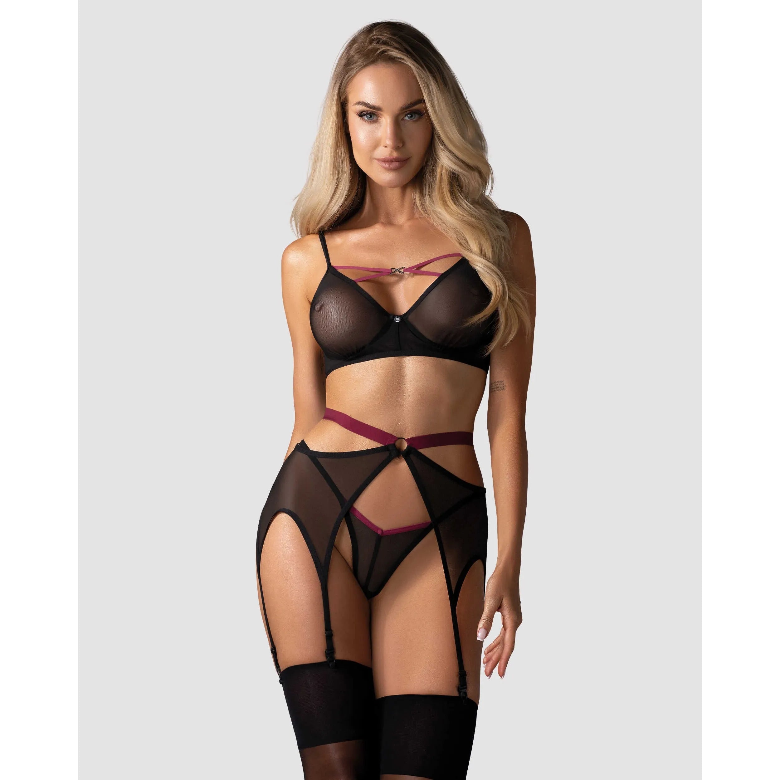 Novenes ensemble lingerie noire avec porte-jarretelles soutien-gorge string zircônes