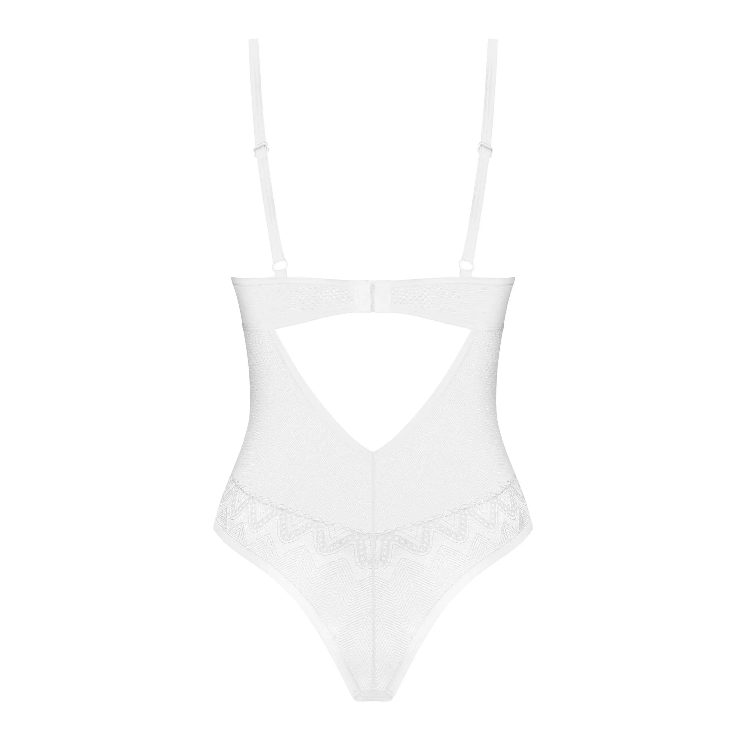Body blanc Alissium avec bonnets à armatures, pendentif or rose, détails géométriques raffinés, élégant et sensuel.