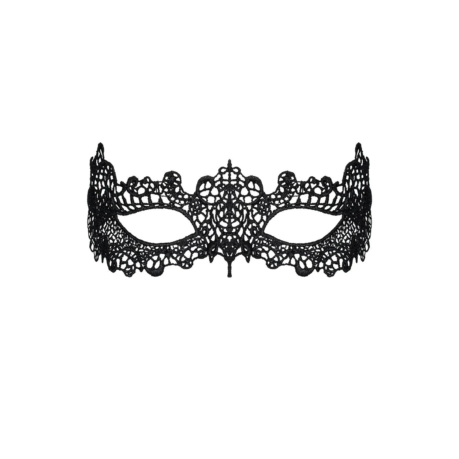 Masque noir en dentelle A701, motifs élégants, ruban satin, idéal pour soirées, 100% polyester.
