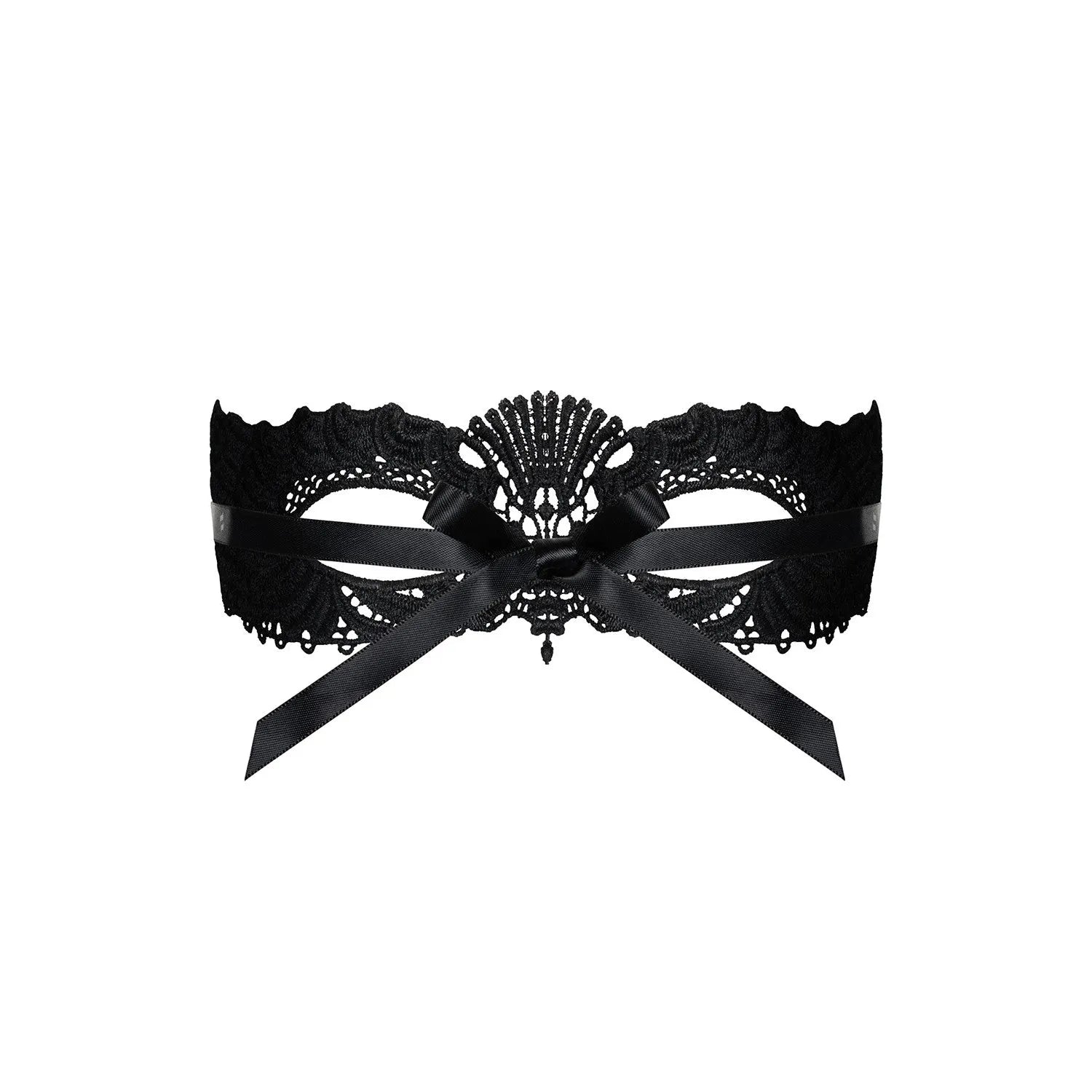 Masque noir en dentelle, texture souple, ruban satin, design séduisant pour soirées, 100% polyester.