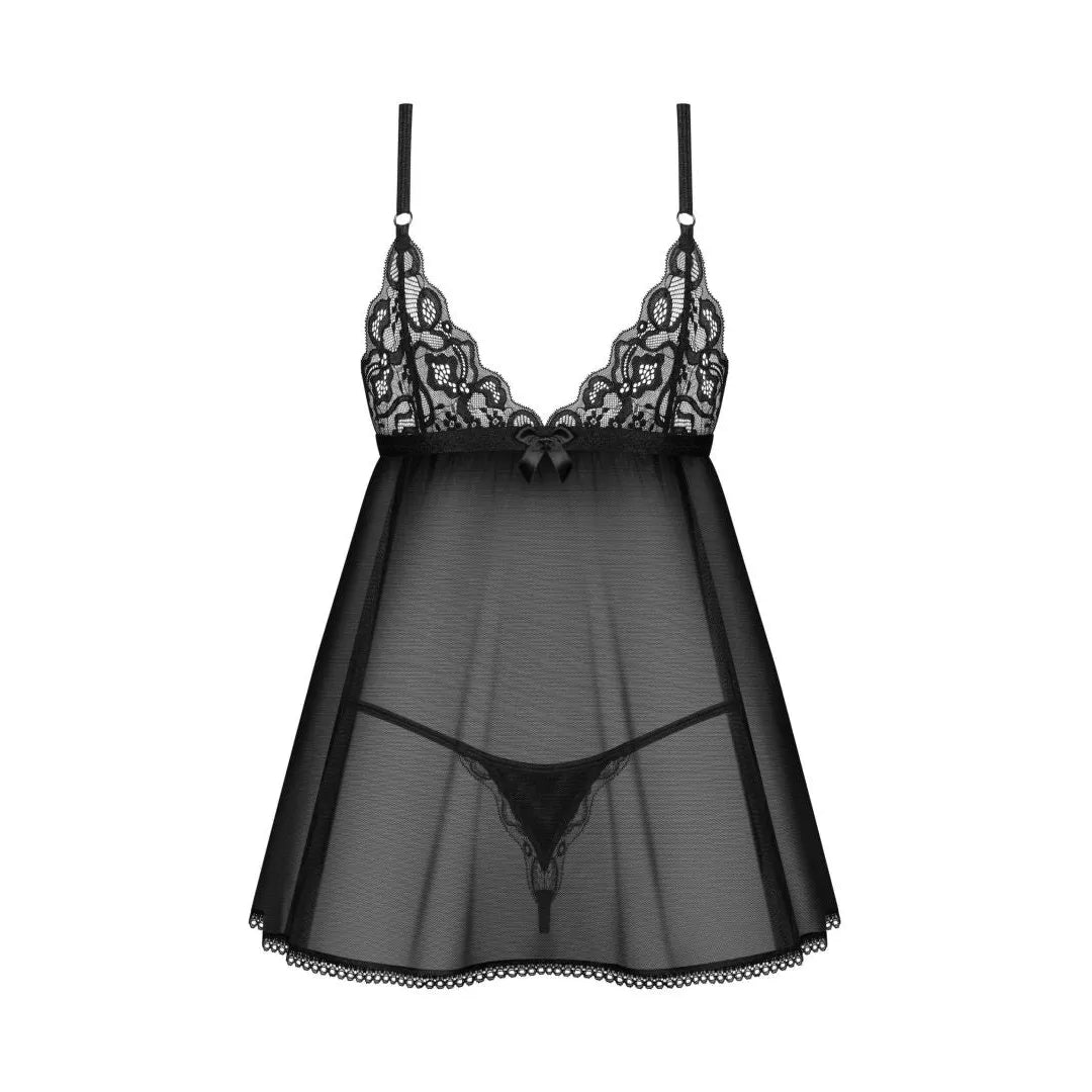 Babydoll noire en dentelle douce avec string assorti, design élégant pour soirée romantique, Blomentis.