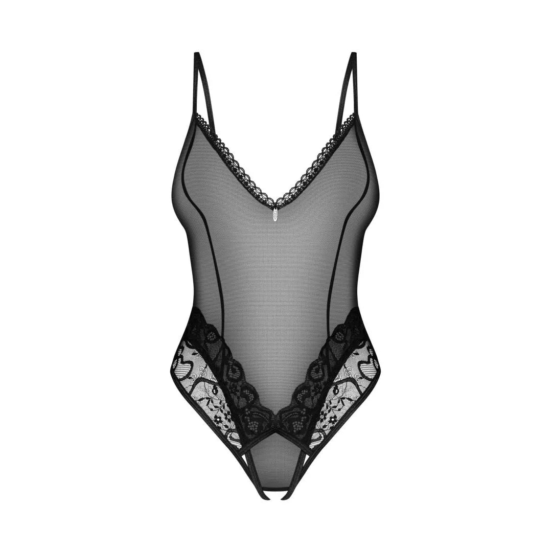 Body noir dentelle sensuelle, entrejambe ouvert, design audacieux pour femmes confiantes, sublime la silhouette.
