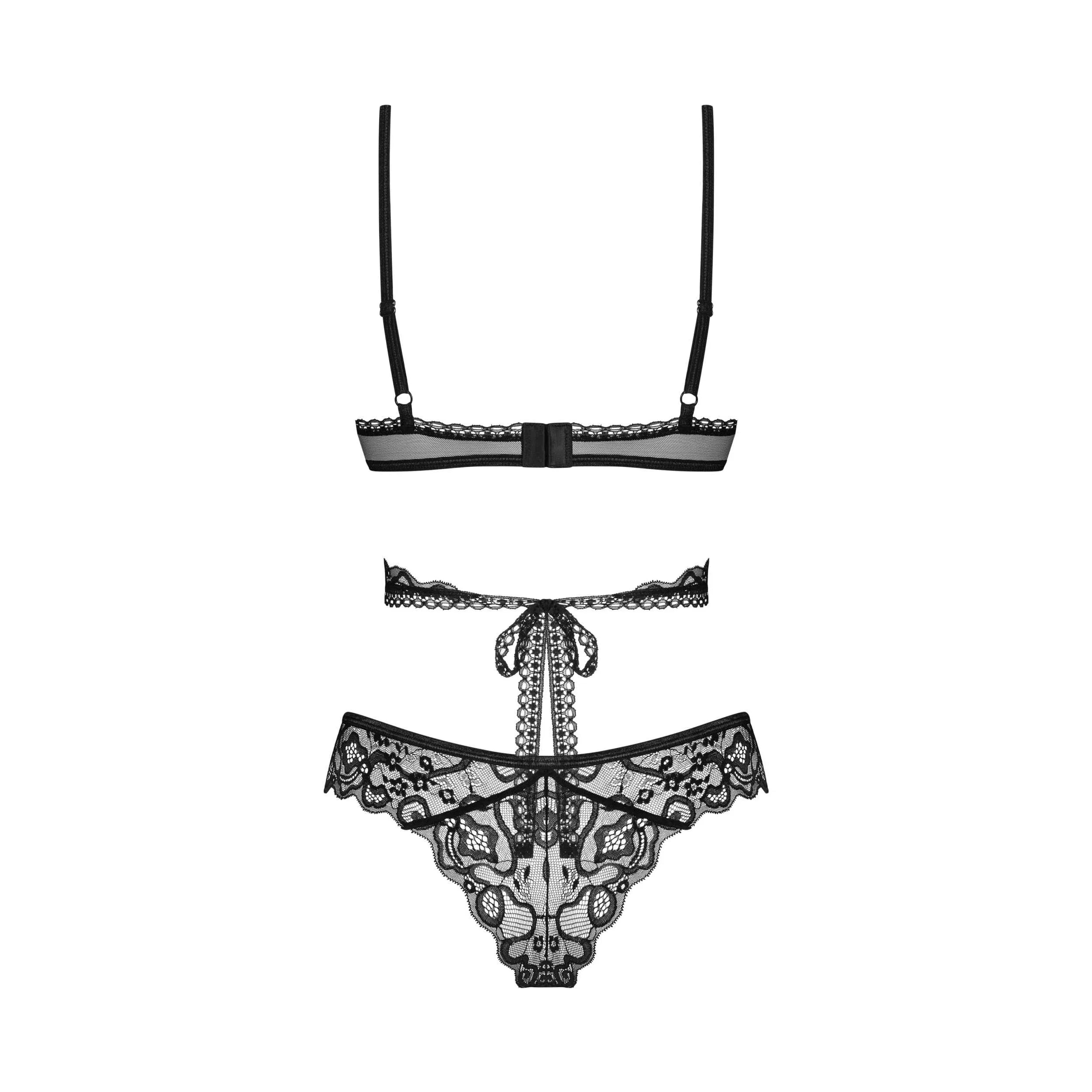 Ensemble lingerie noir Blomentis en dentelle, soutien-gorge et culotte, design minimaliste avec pendentif argenté.