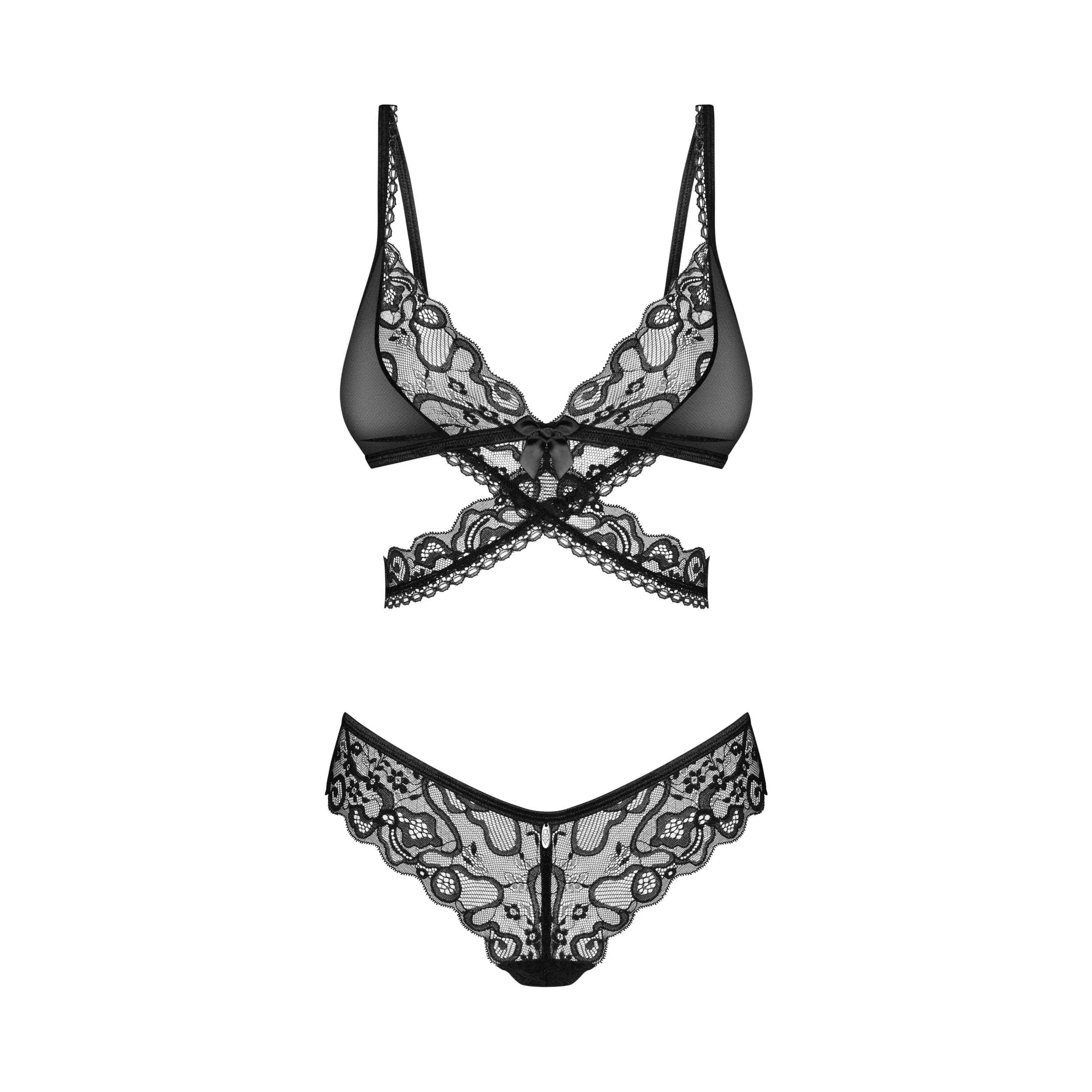 Ensemble lingerie noir Blomentis en dentelle, soutien-gorge et culotte, design minimaliste et sophistiqué, pendentif argent.