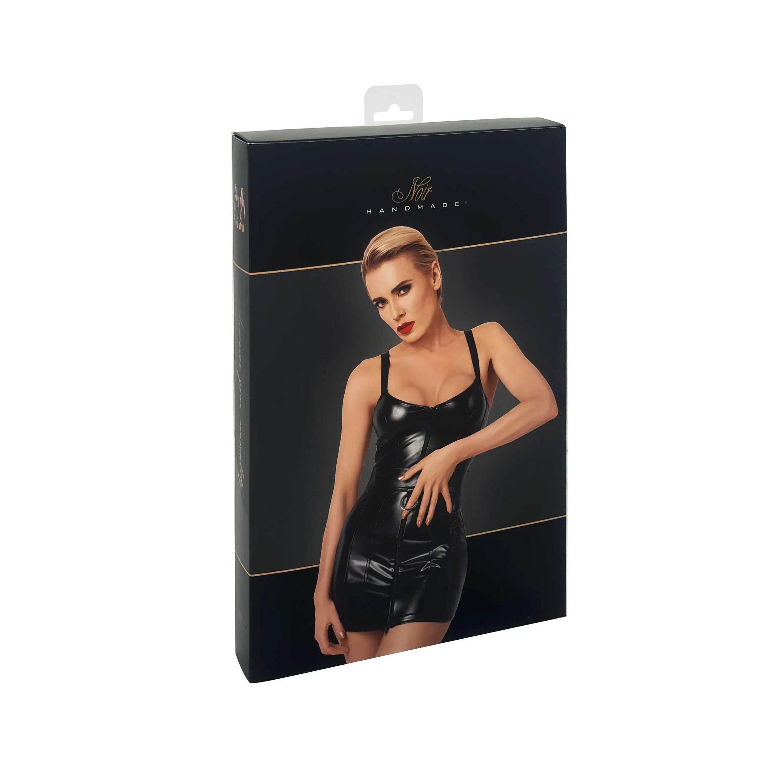 Mini-robe powerwetlook noir brillant coupe ajustée fermeture éclair anneau métallique