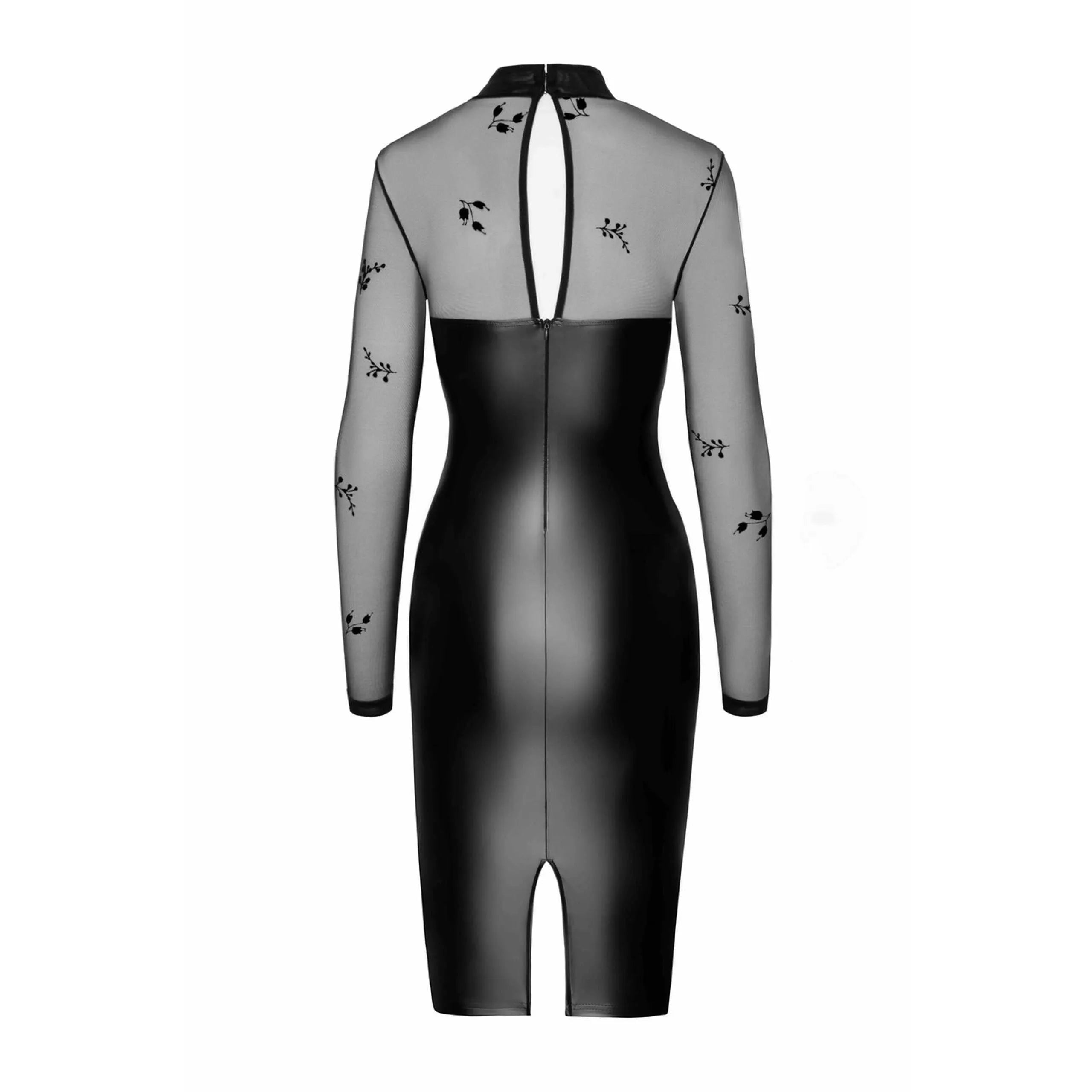 Robe midi élastique wetlook maille floquée manches longues élégante