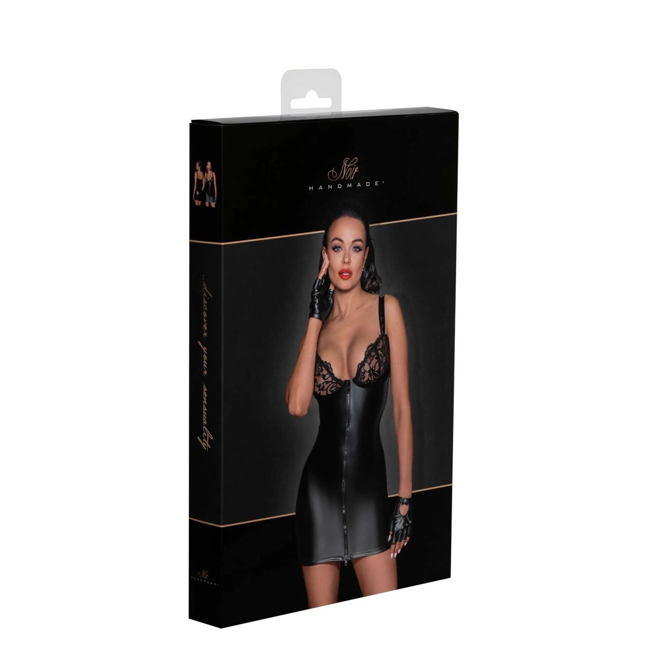 Mini robe powerwetlook noire dentelle bretelles velours fermeture éclair 2 sens