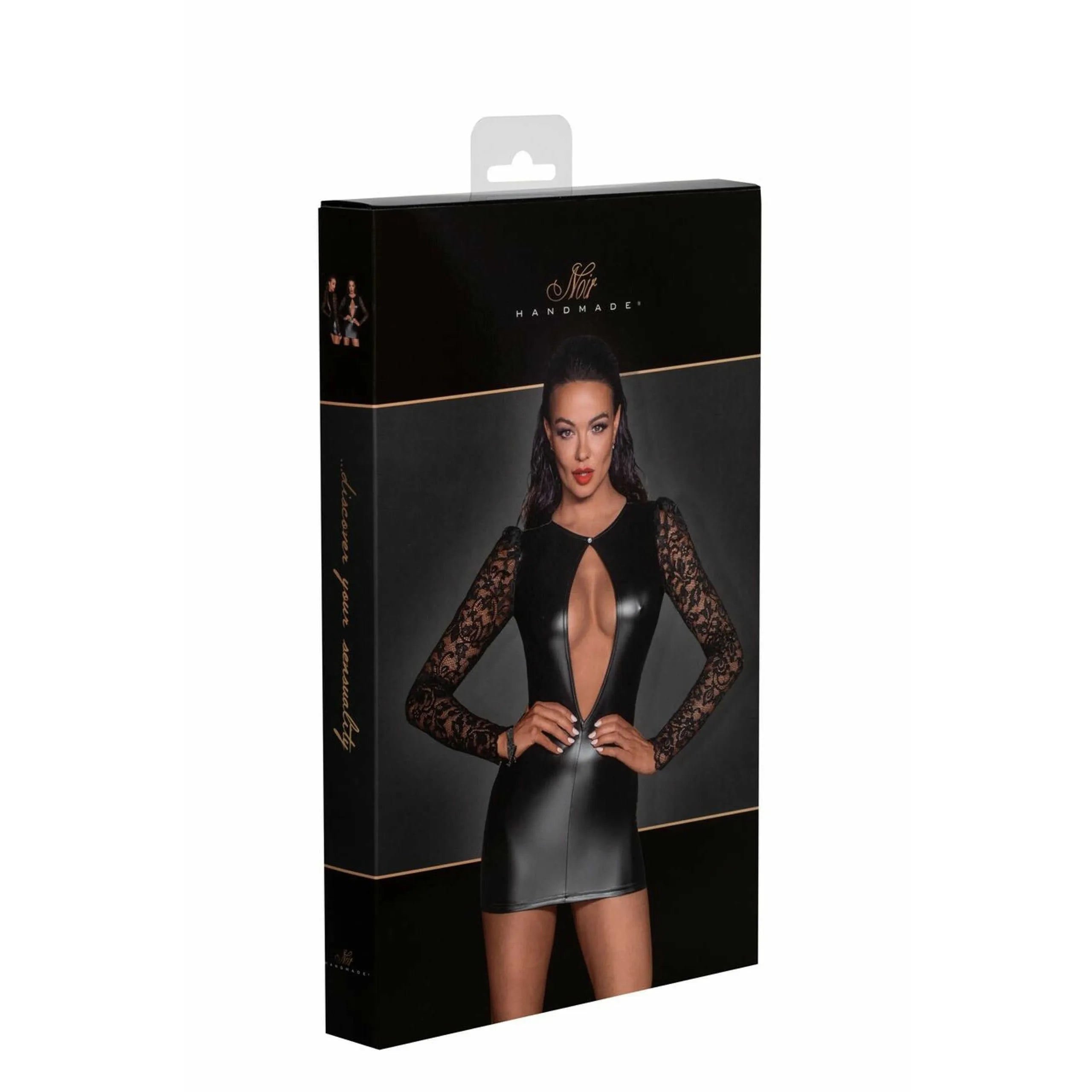Mini robe élastique Powerwetlook manches longues dentelle ouverture sexy