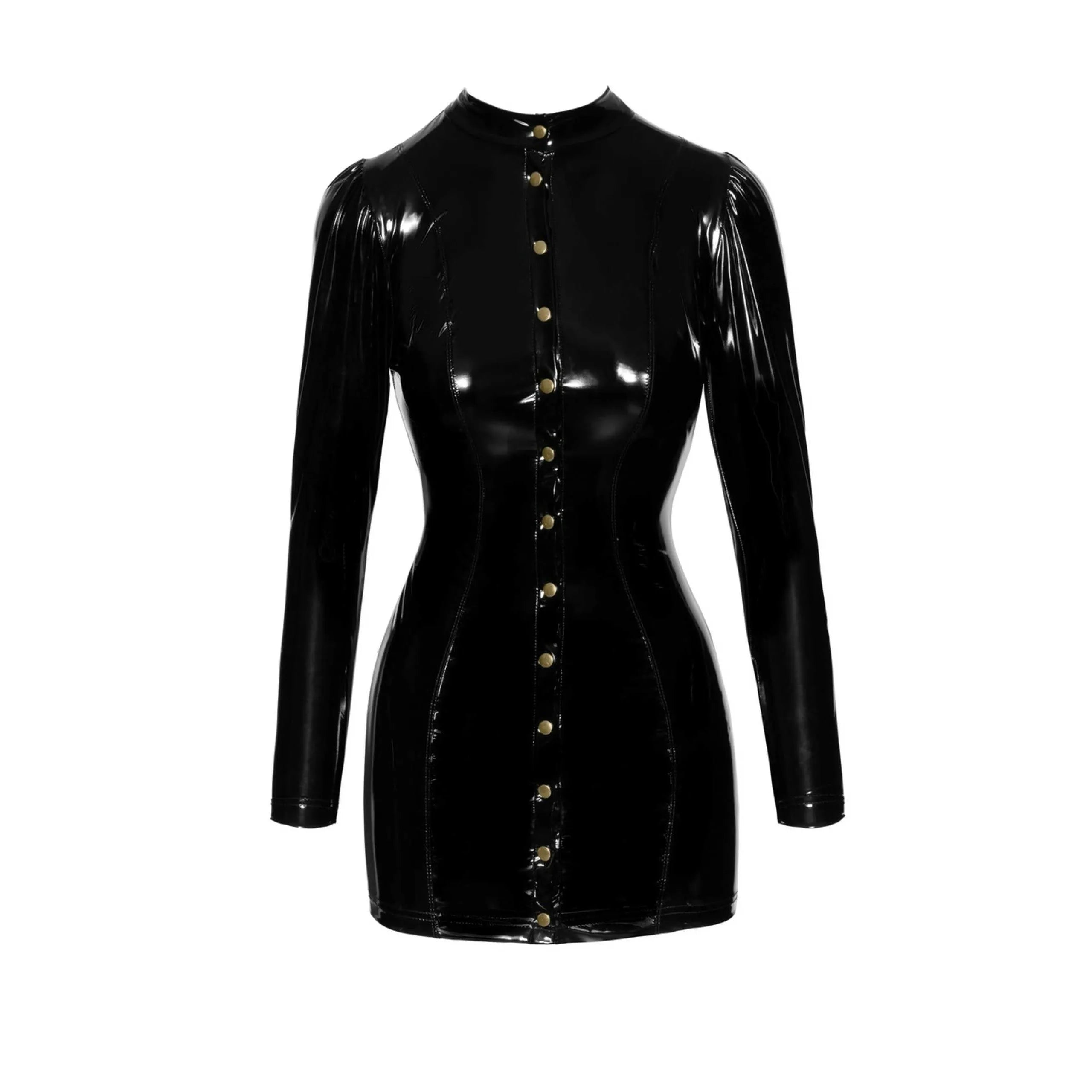 Mini robe courte PVC épaules bouffantes fermoirs dorés tendance fêtes