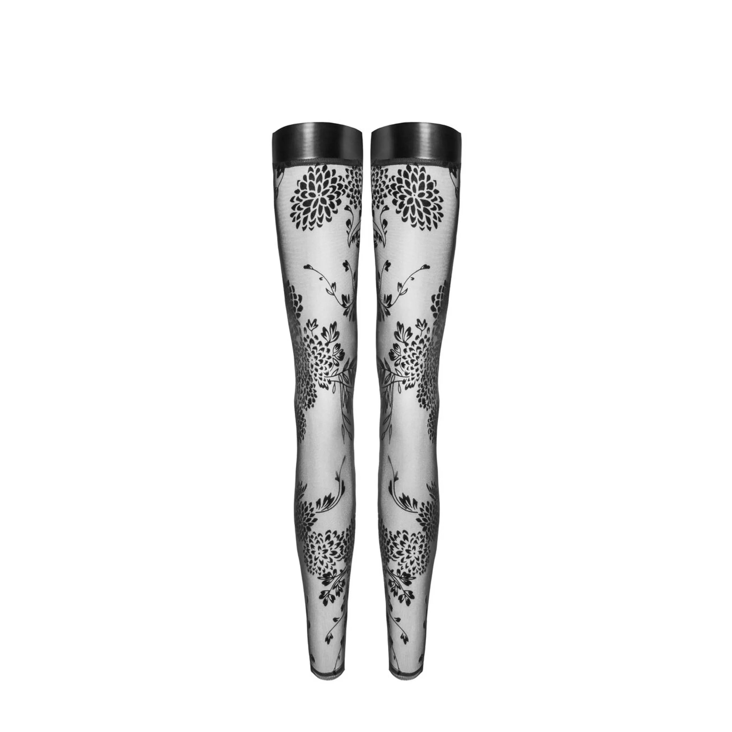 Bas tulle transparent noir broderie florale élégante, style chic soirée, allure raffinée et séduisante.
