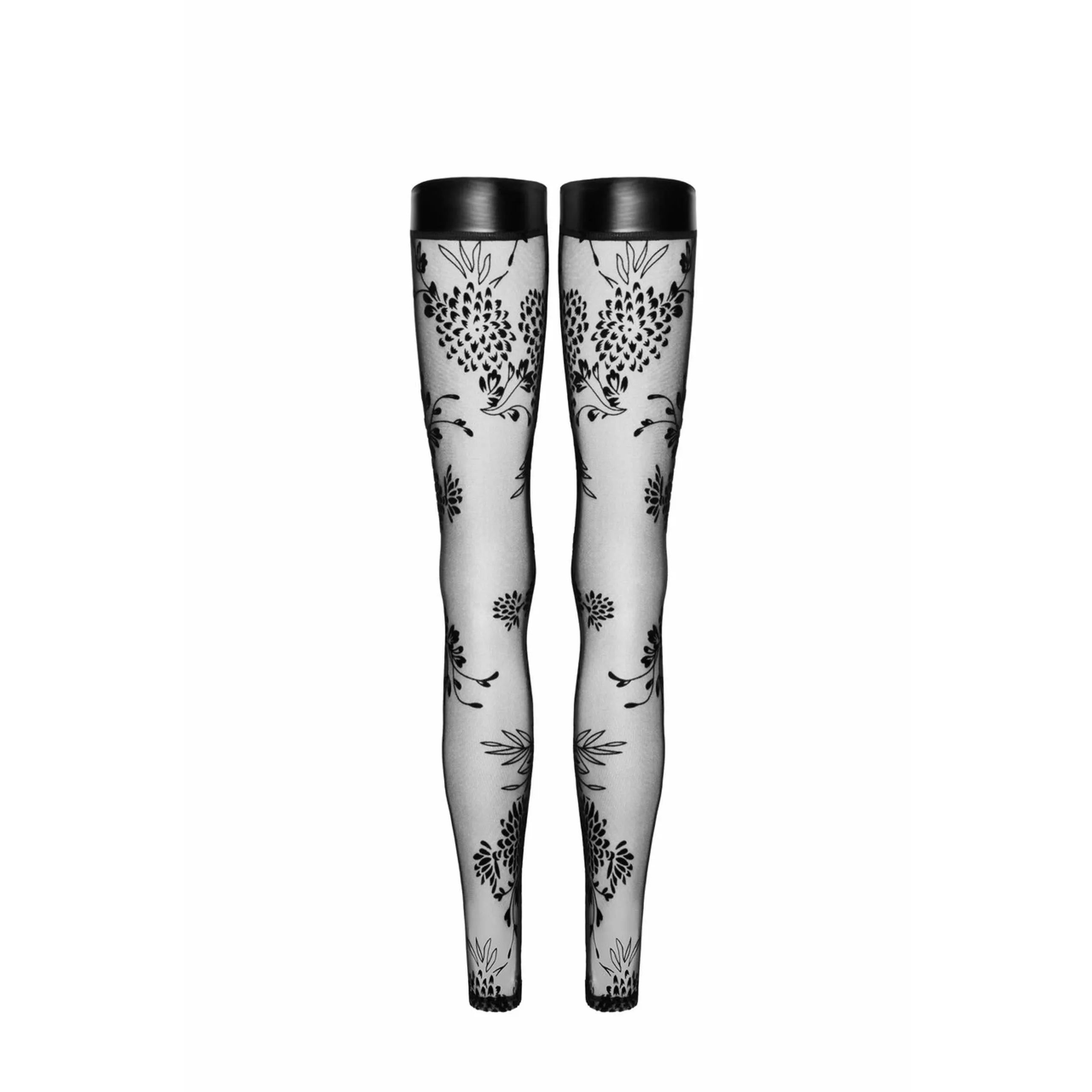 Bas tulle noir transparent broderie florale élégante, soirée chic, allure raffinée, séduisante, luxe et confort.