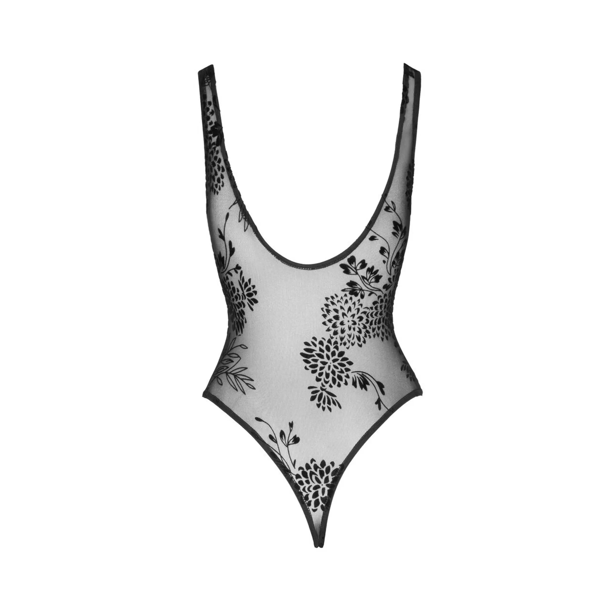 Body femme transparent noir en dentelle botanique, dos échancré, coupe flatteuse, idéal pour soirées élégantes.