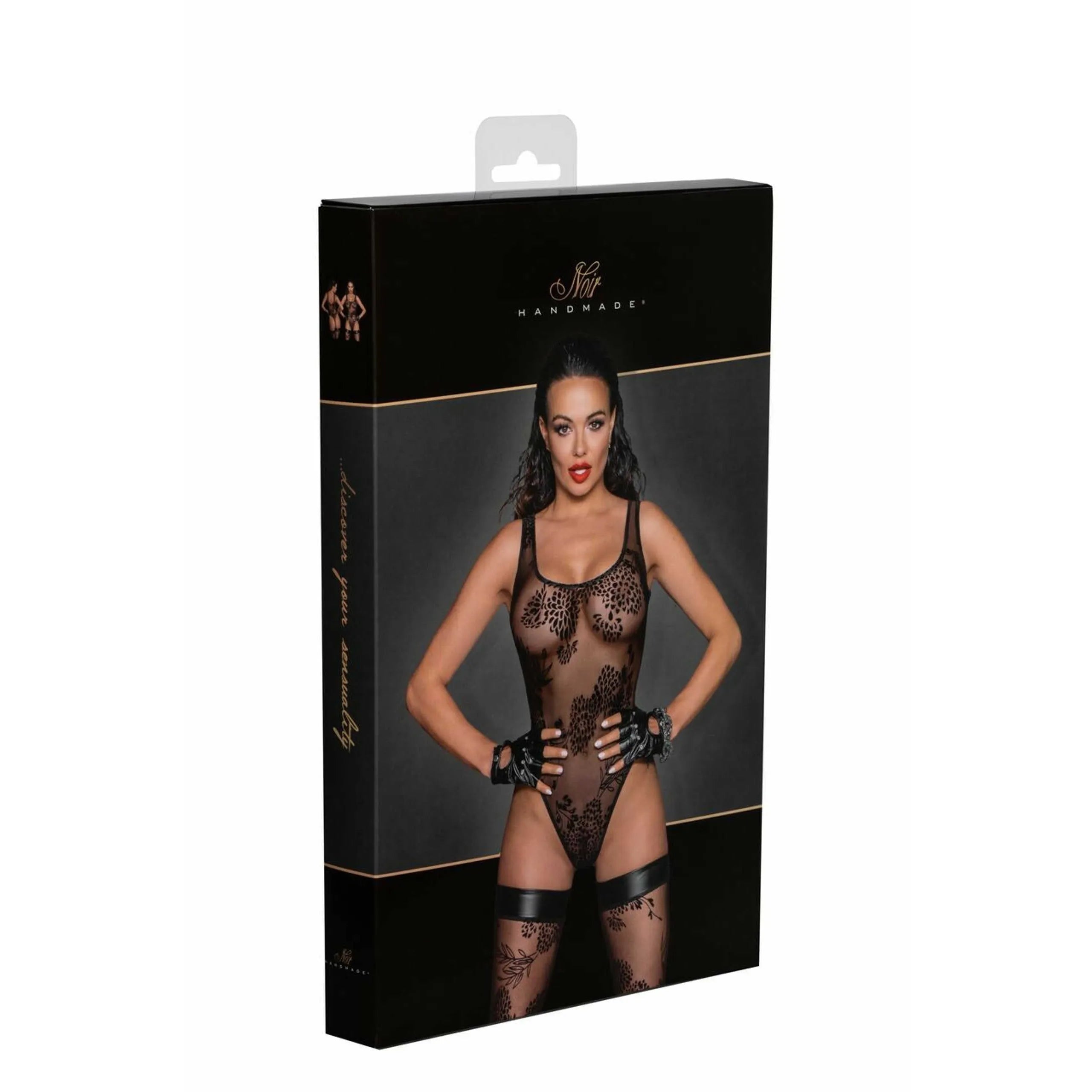 Body femme transparent dentelle botanique noir, dos échancré, élégant et audacieux pour soirées, sur fond noir.