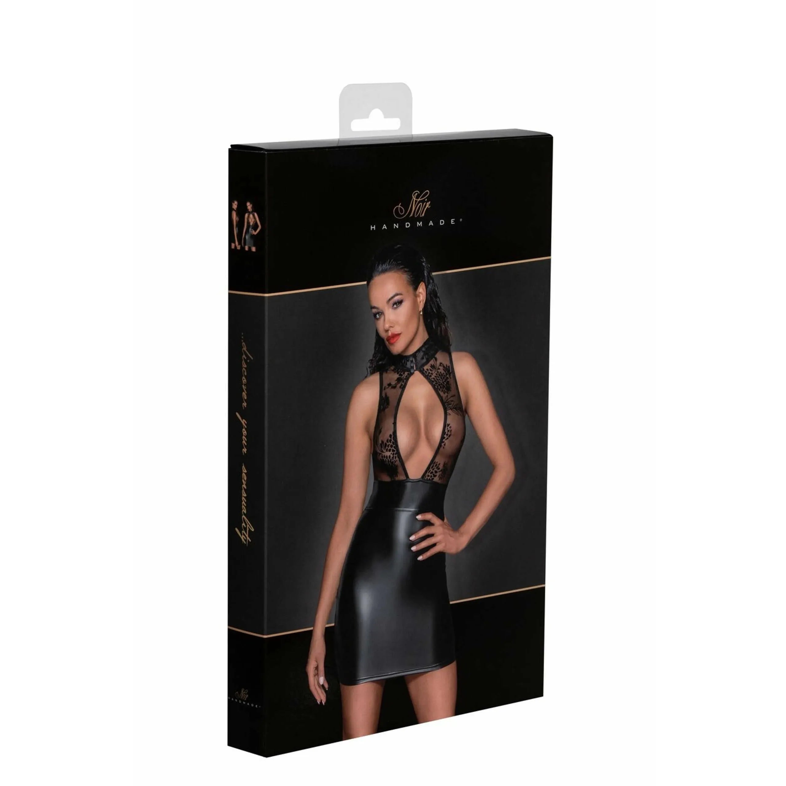 Robe courte élégante en powerwetlook col plongeant tulle motif