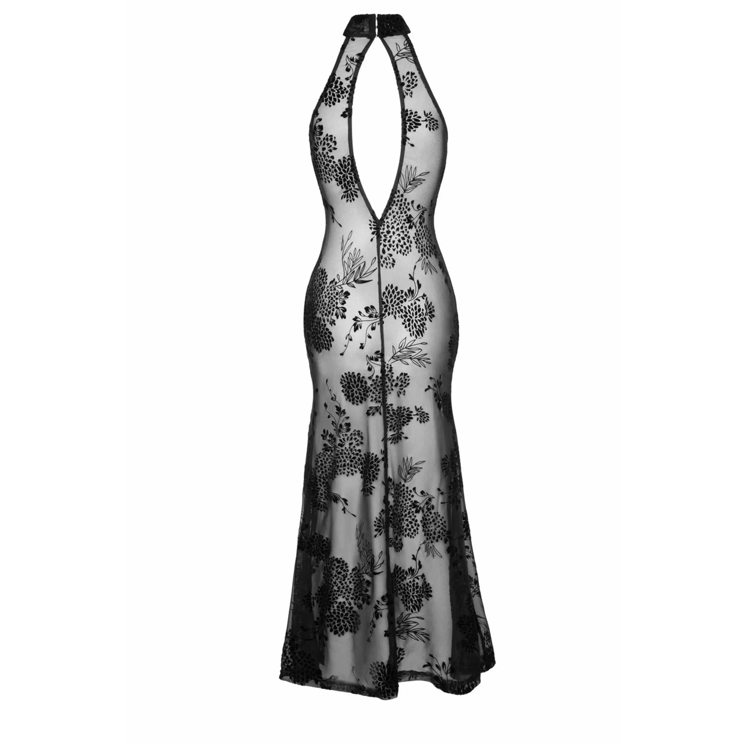 Robe longue tulle transparent broderies florales dos nu soirée chic