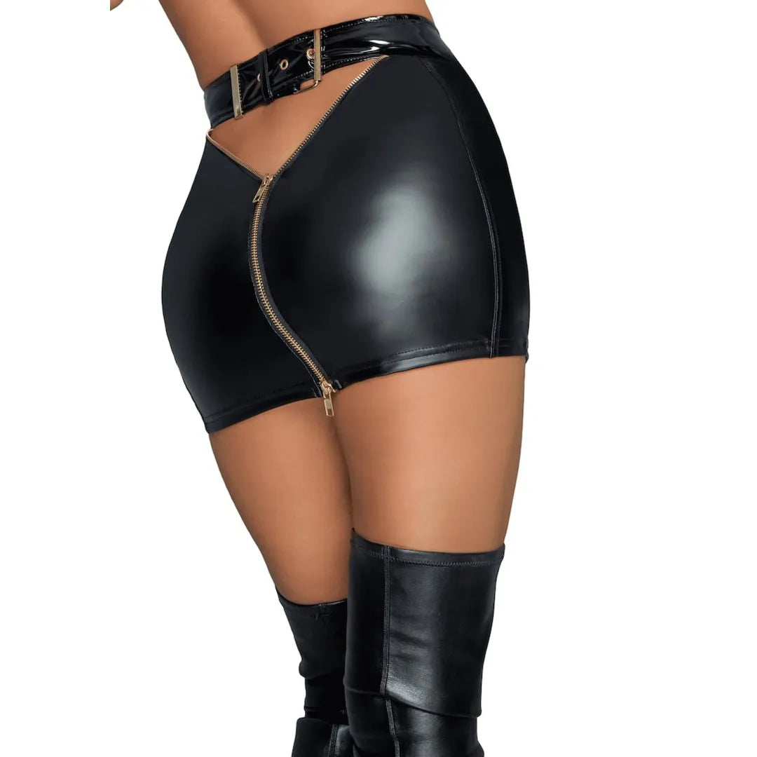 Jupe fantaisie PVC élastique érotique fermetures éclair dorées ceinture réglable