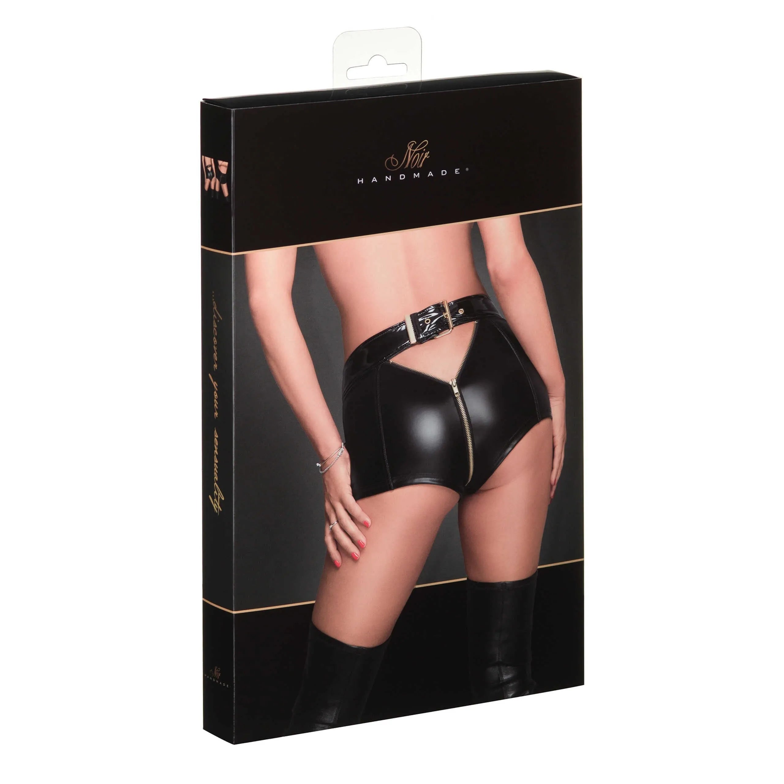 Short sexy wetlook PVC noir fermeture éclair dorée ceinture réglable érotique
