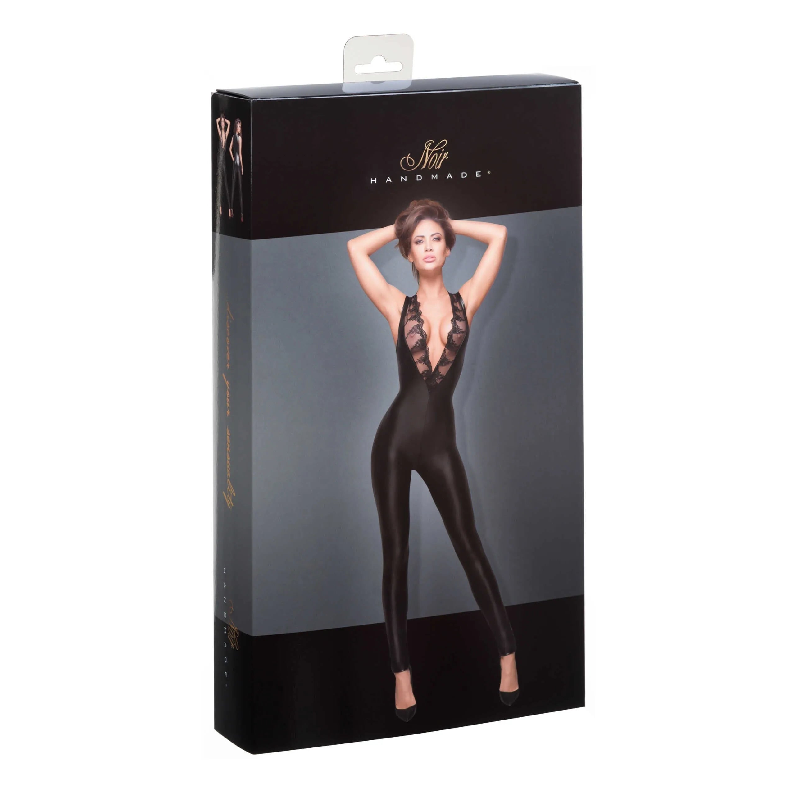 Combinaison noire sans manches effet mouillé, dentelle élastique, fermetures éclair, silhouette féminine élégante.