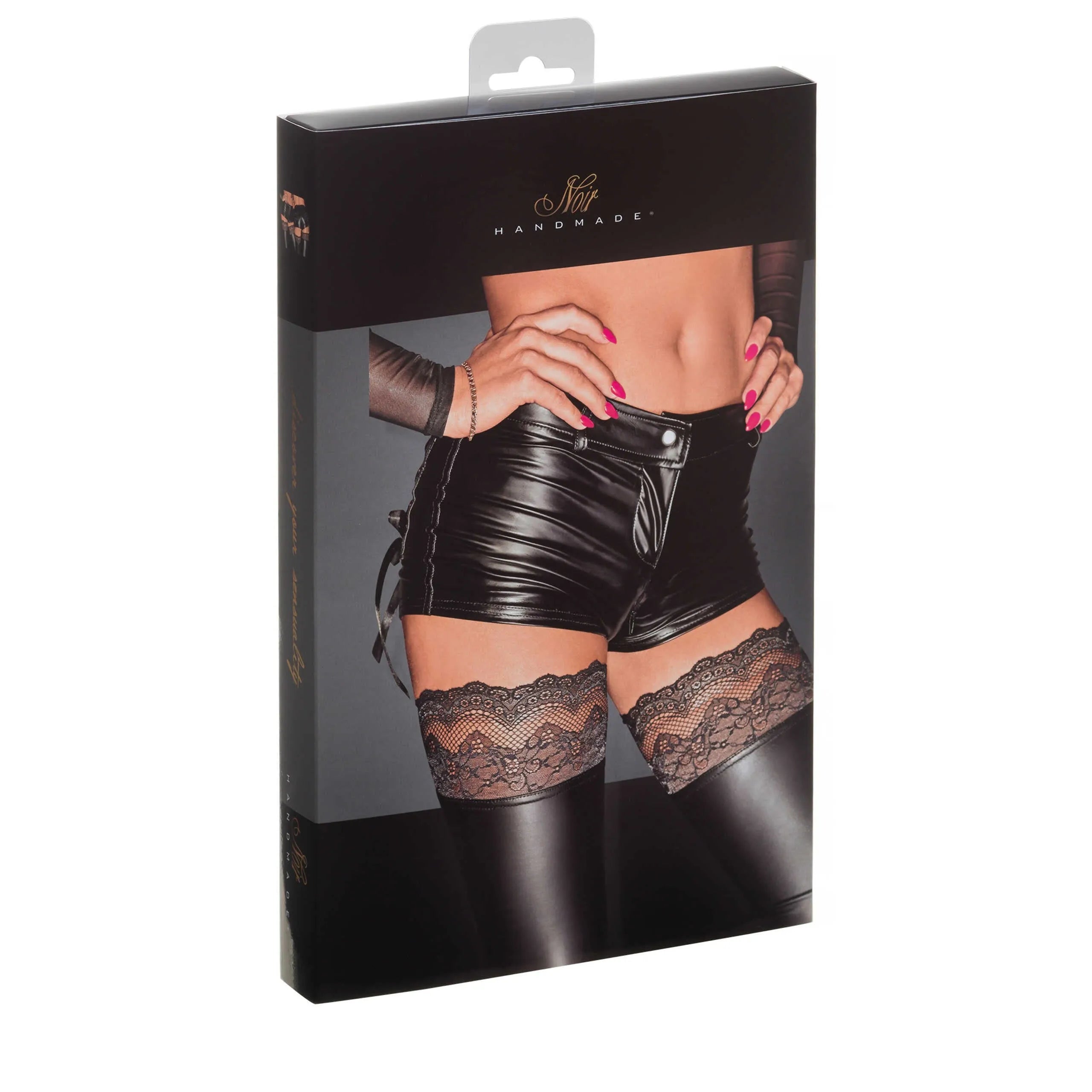 Short powerwetlook élastique noir avec laçage satin fermeture éclair double