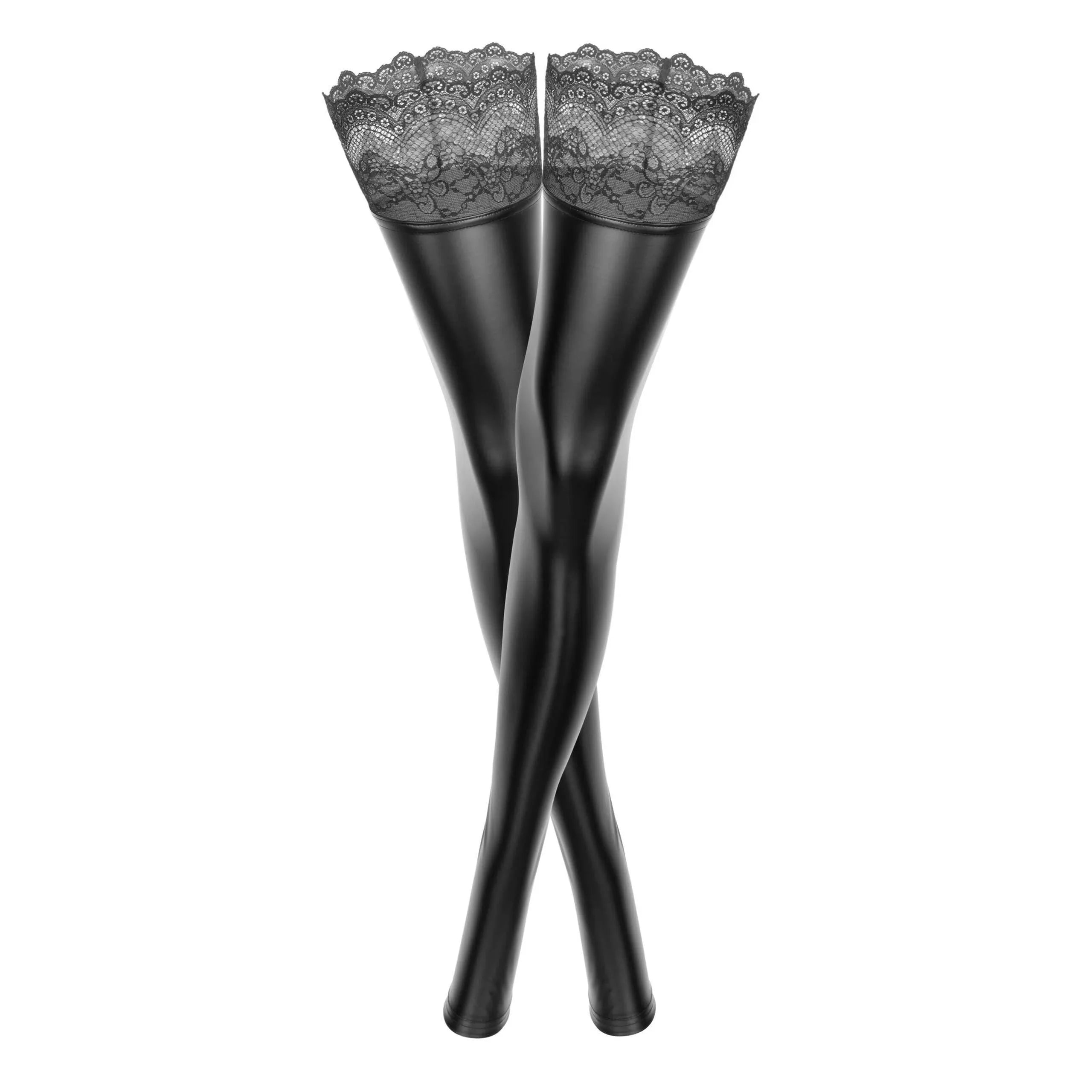 Bas noirs Powerwetlook avec dentelle élastique et finition siliconée, élégance et confort pour sublimer vos jambes.