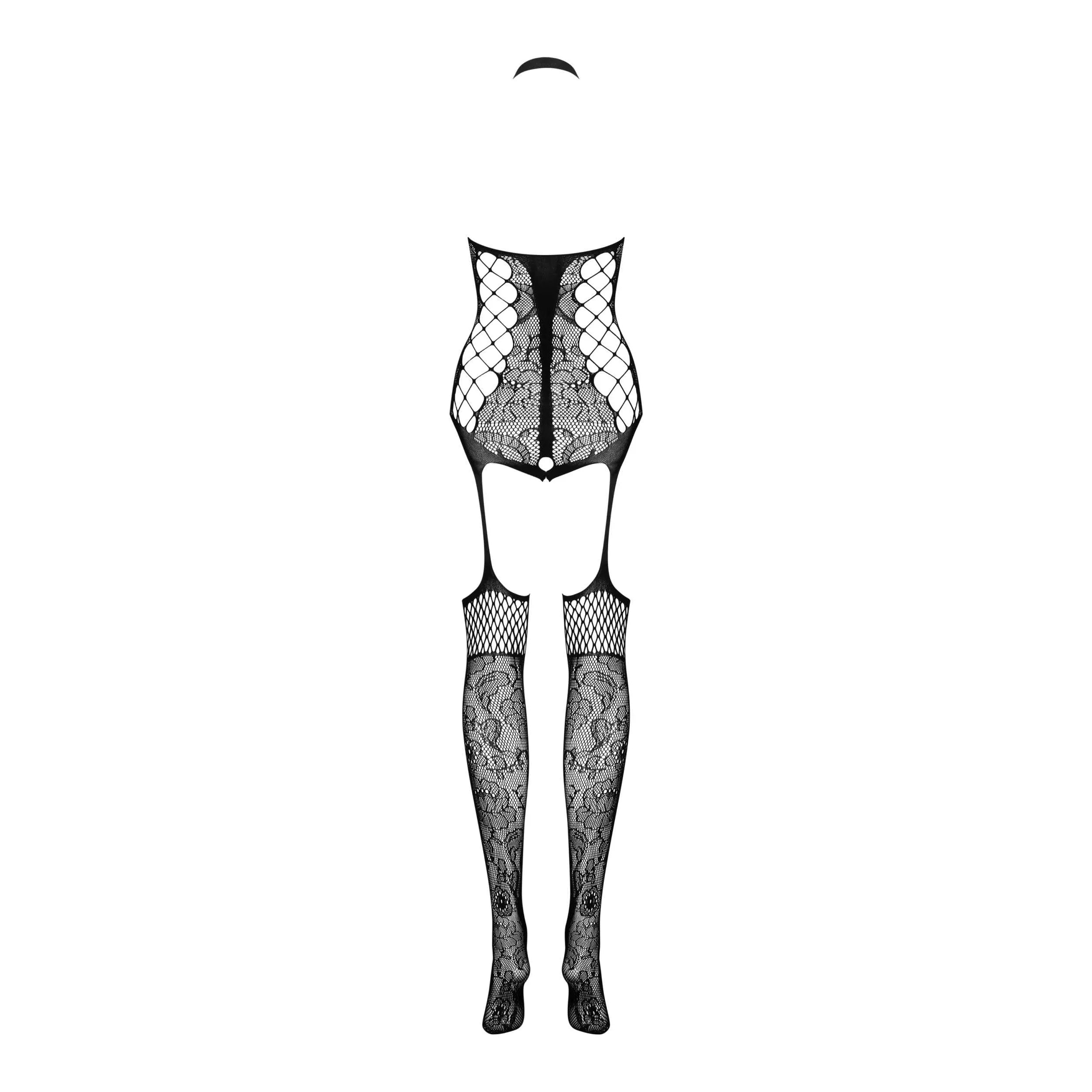 Bodystocking noir motifs floraux, maille découpée au dos, tissu souple et séduisant, élégance et sensualité.