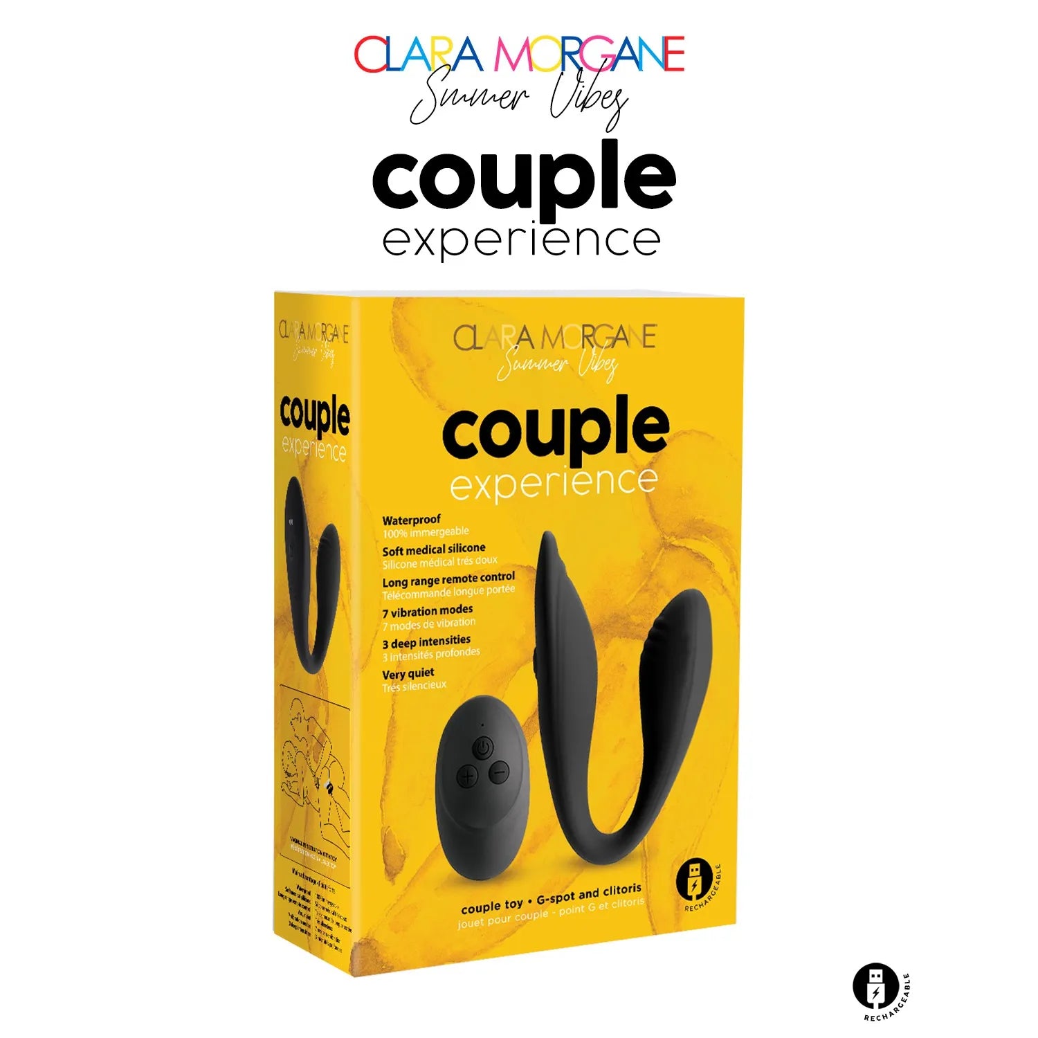Vibromasseur noir pour couple, design ergonomique, silicone doux, télécommande, 7 modes, boîte jaune.