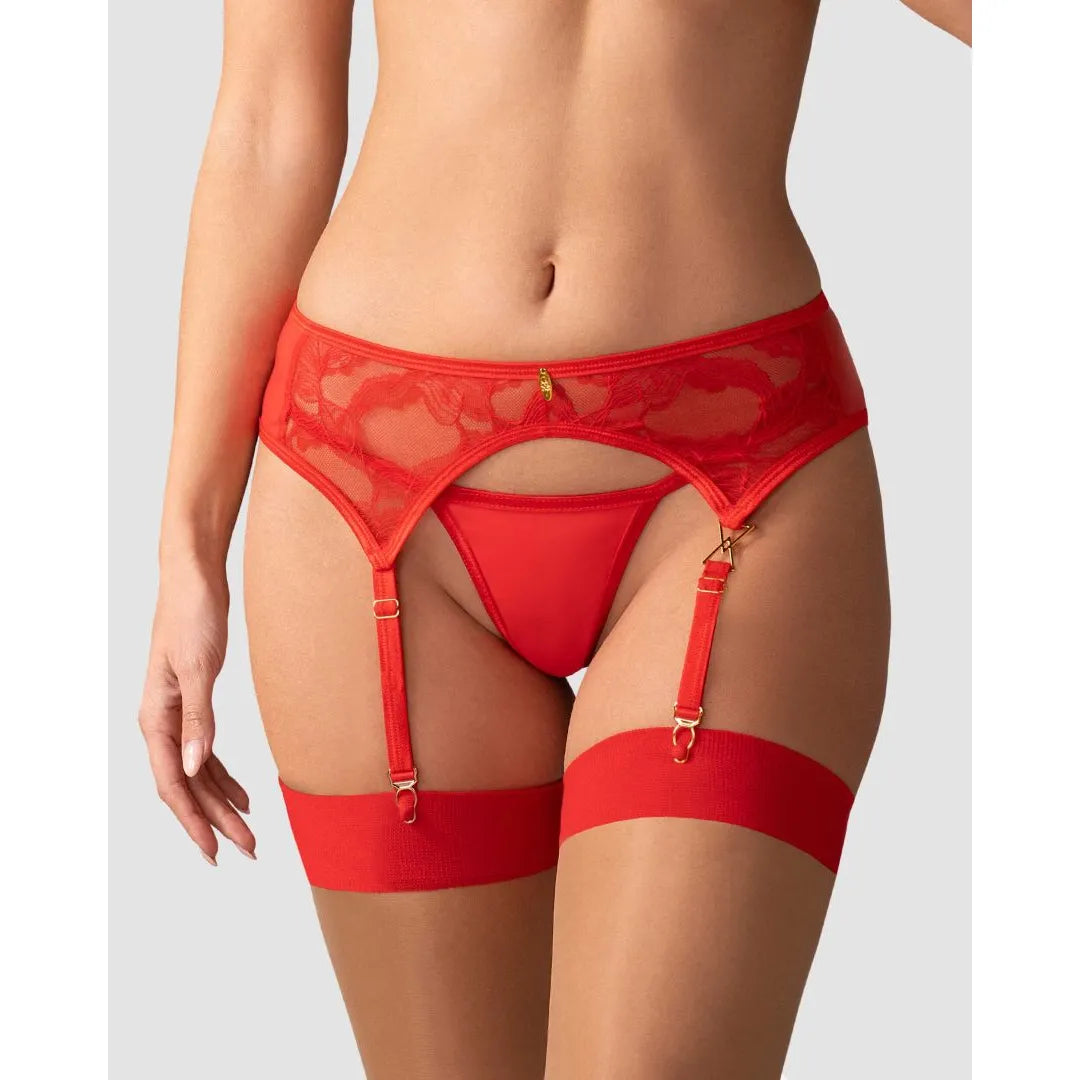 Porte-jarretelles rouge Aliosa en dentelle avec détails dorés, bretelles réglables, élégance et sophistication.
