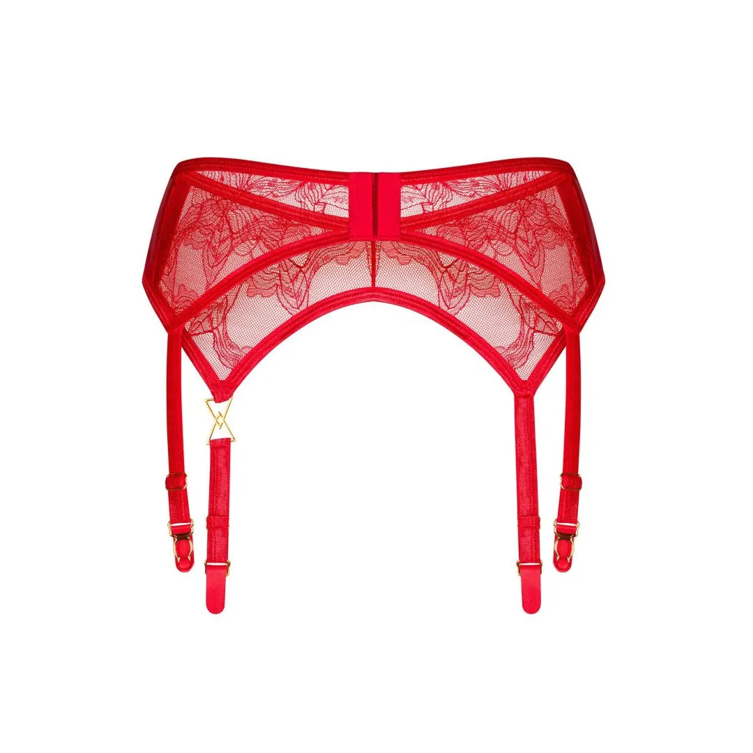 Porte-jarretelles rouge Aliosa en dentelle avec détails dorés, bretelles réglables, élégance et sophistication.