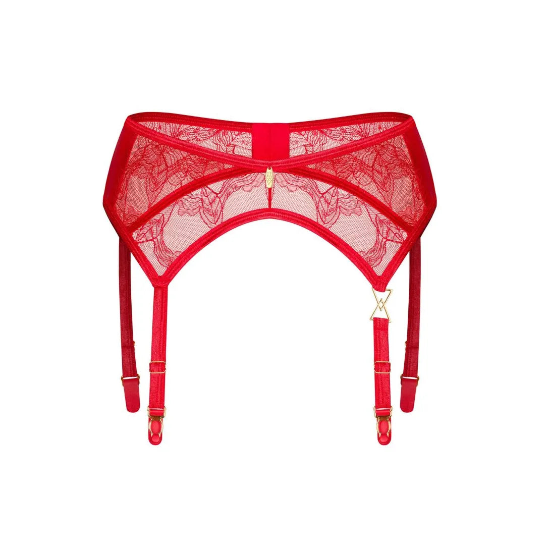 Porte-jarretelles rouge Aliosa en dentelle raffinée avec détails dorés, bretelles réglables, fixation sécurisée.